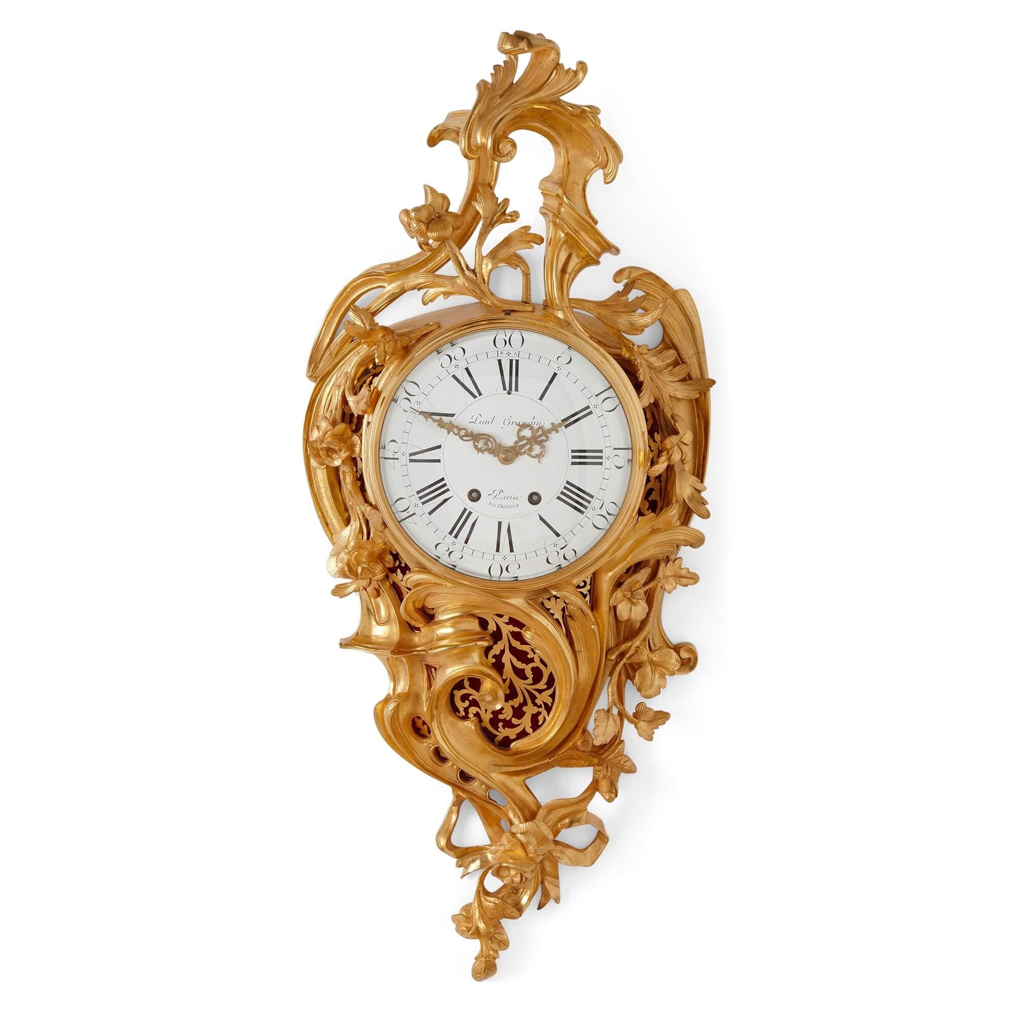 Louis XV Rococo style clock and barometer set by Gravelin
French, Late 19th Century
Clock & Barometer: height 77cm, width 32cm, depth 15cm

Designed in the Louis XV Rococo style, this very fine clock and barometer set dates to c.1870 and was