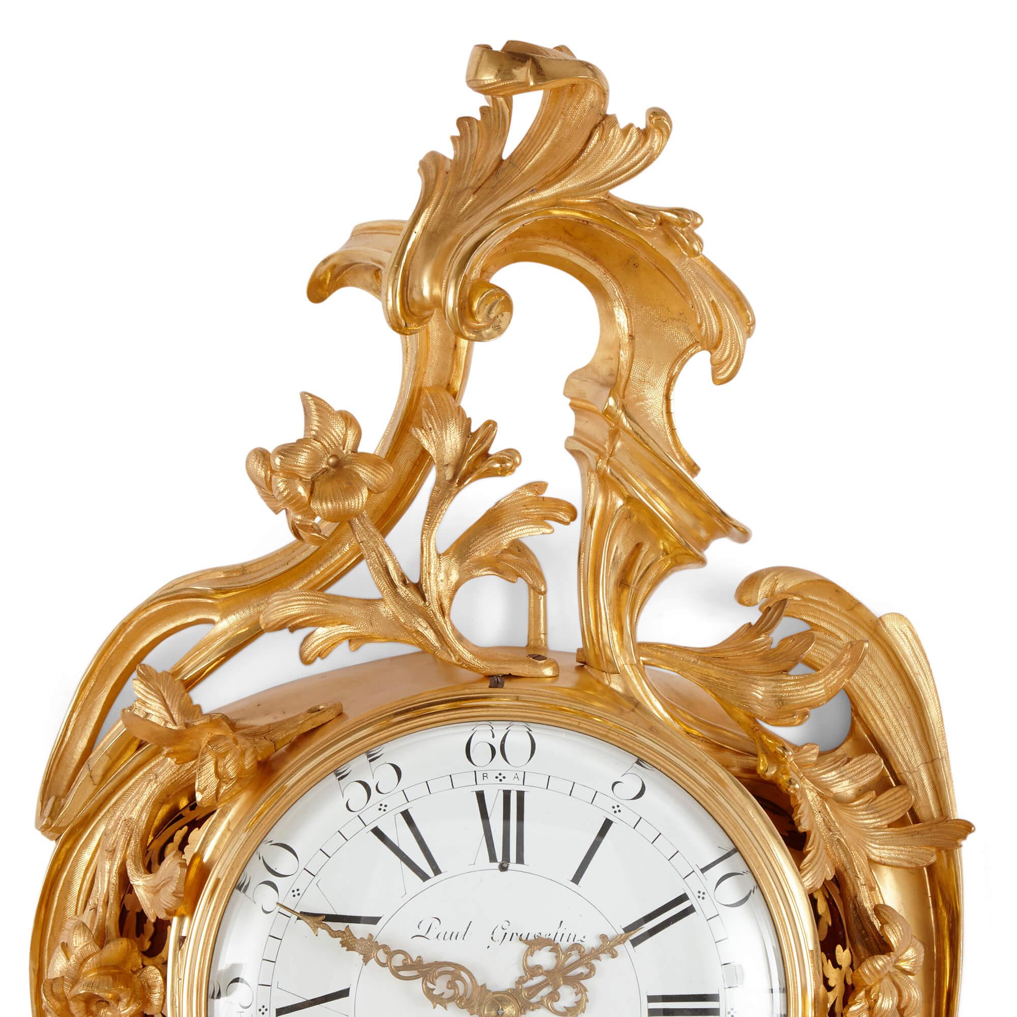 Louis XV Rococo Style Clock and Barometer Set by P. Gravelin For Sale 1