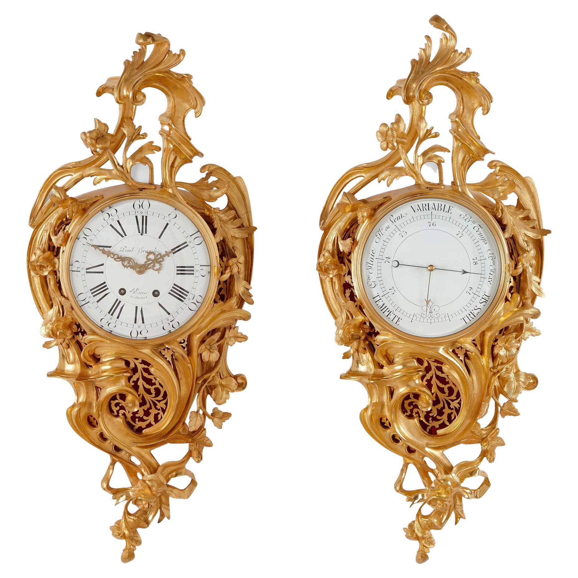 Louis XV Rococo Style Clock and Barometer Set by P. Gravelin For Sale