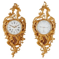 Louis XV Rococo Style Clock and Barometer Set by P. Gravelin