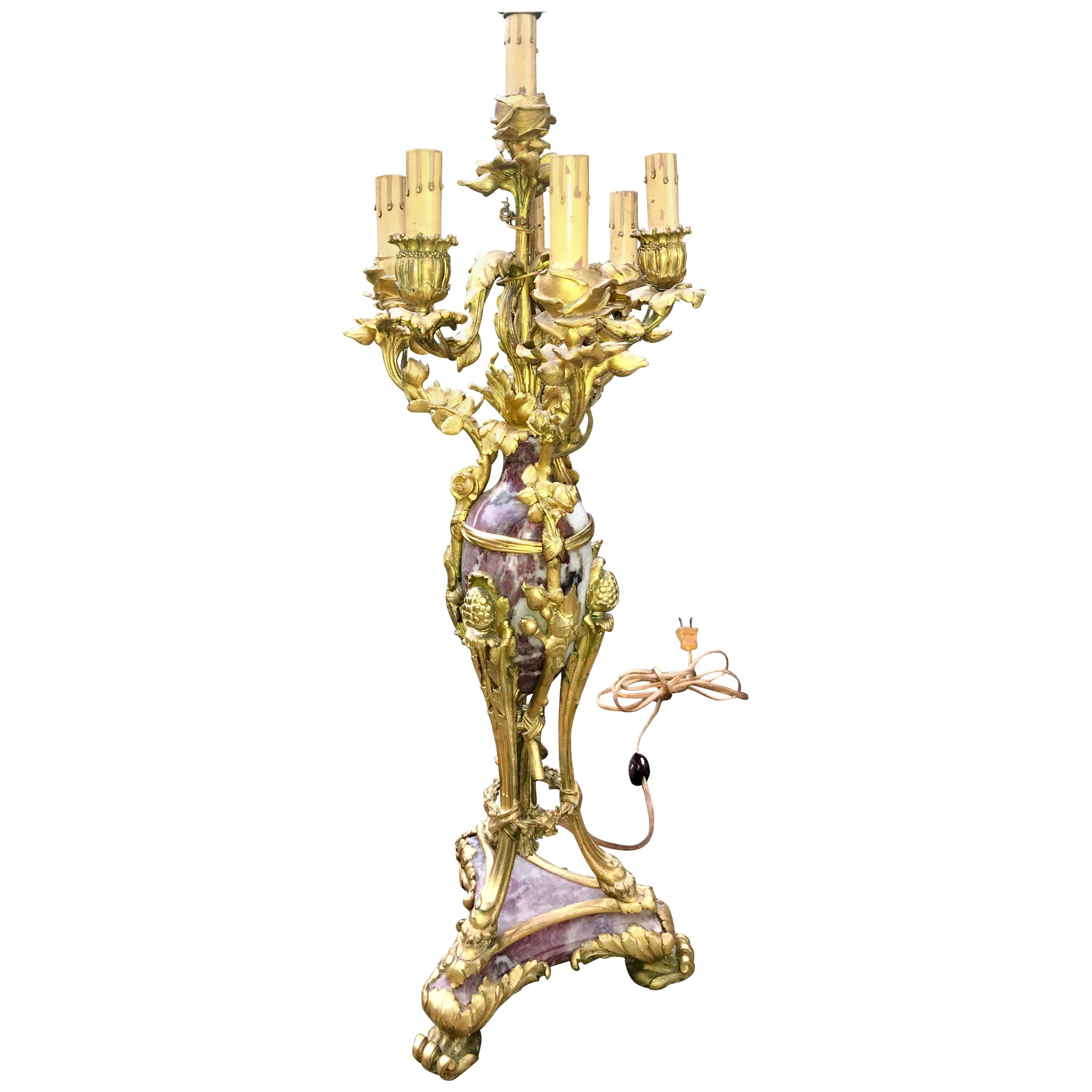 Louis XV Rococo Style Gilt Bronze Mounted Breche Violette Candelabrum