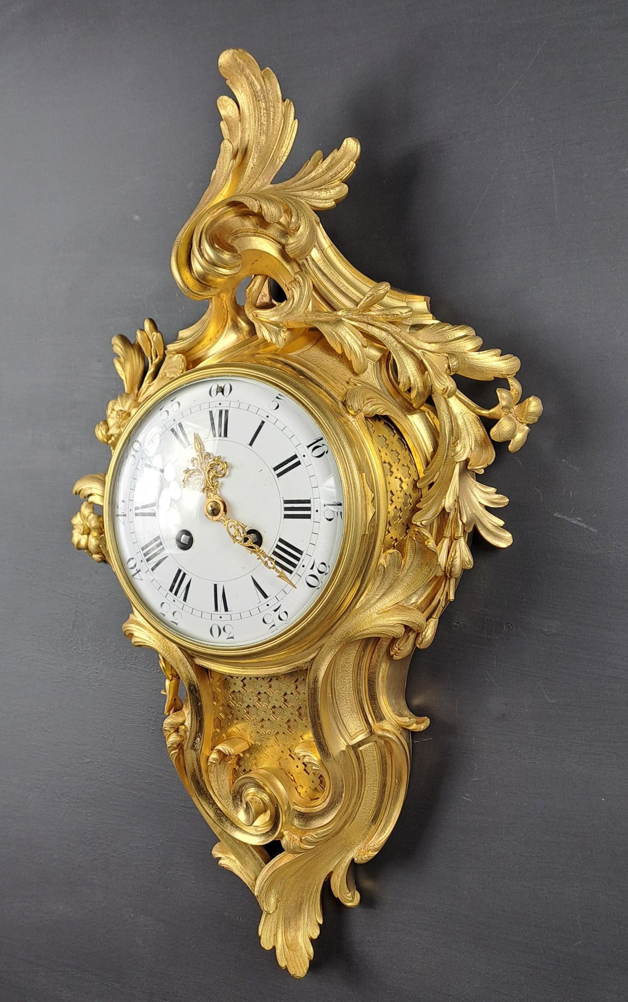 French Louis XV Rococo Style Gilt Bronze Wall Clock For Sale