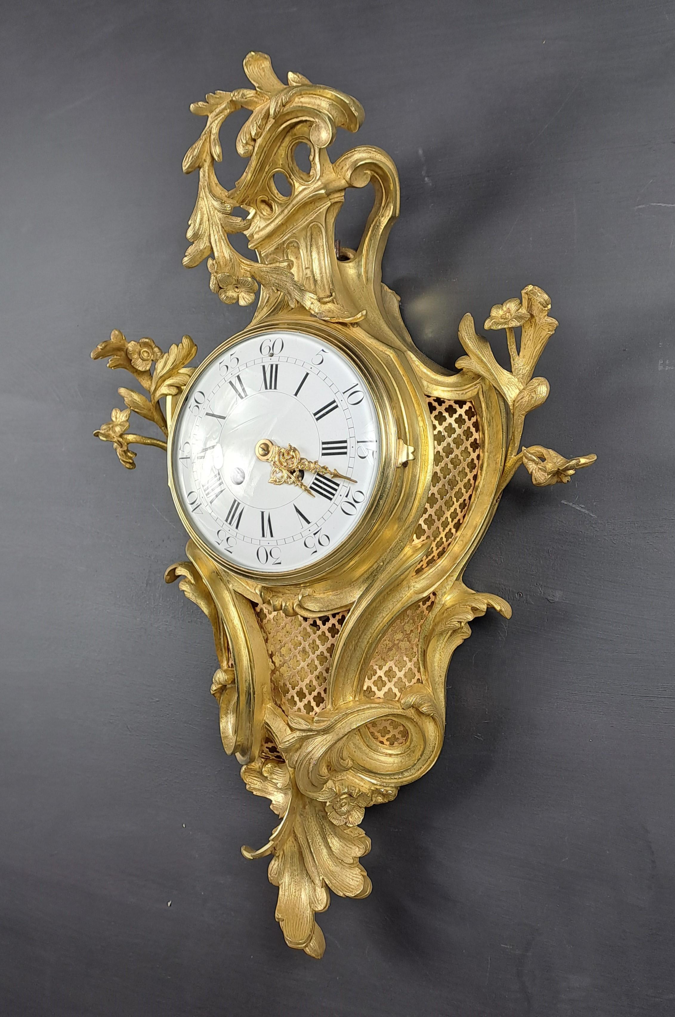 French Louis XV Rococo Style Wall Clock In Gilt Bronze For Sale