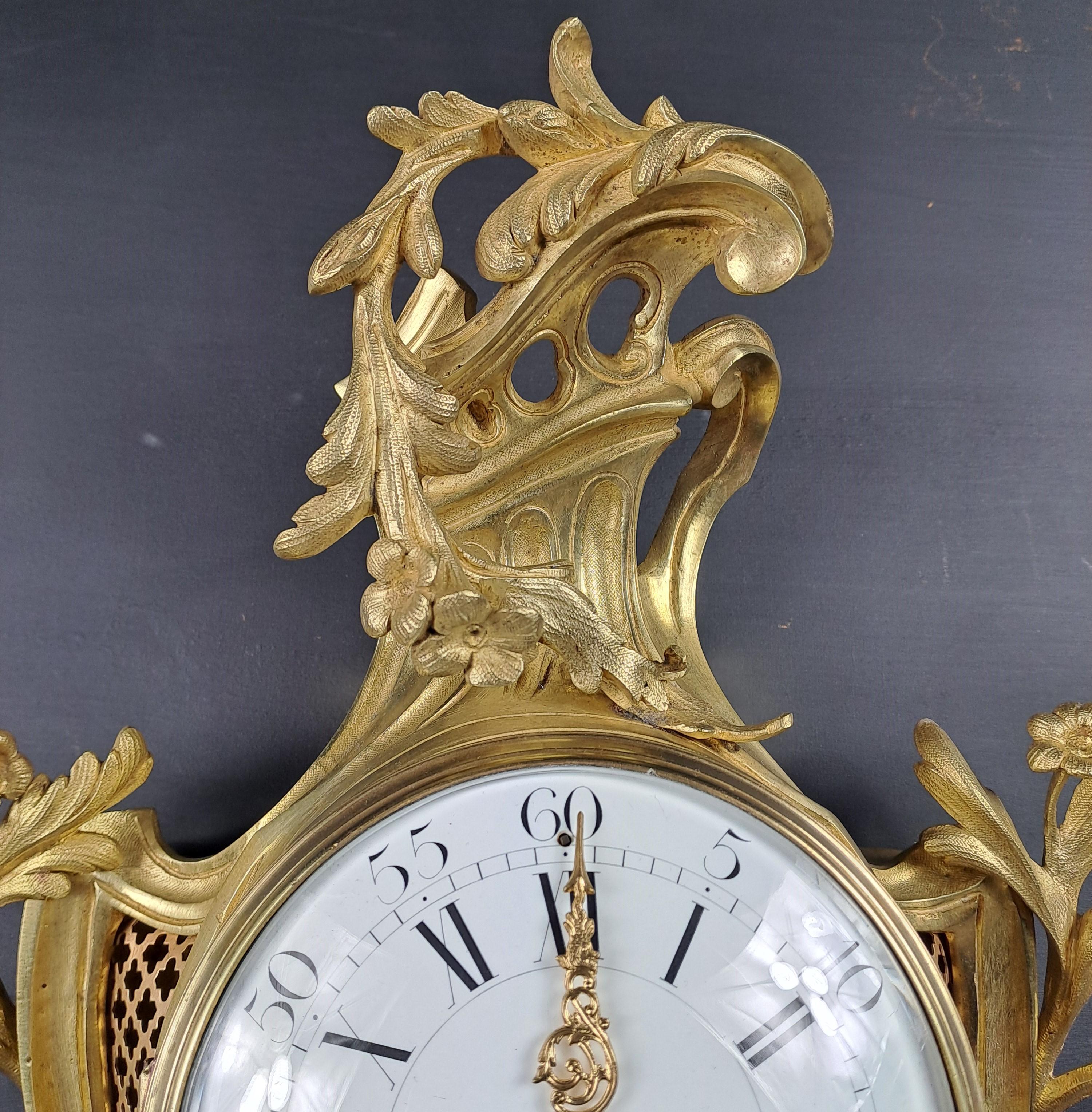 Louis XV Rococo Style Wall Clock In Gilt Bronze For Sale 2