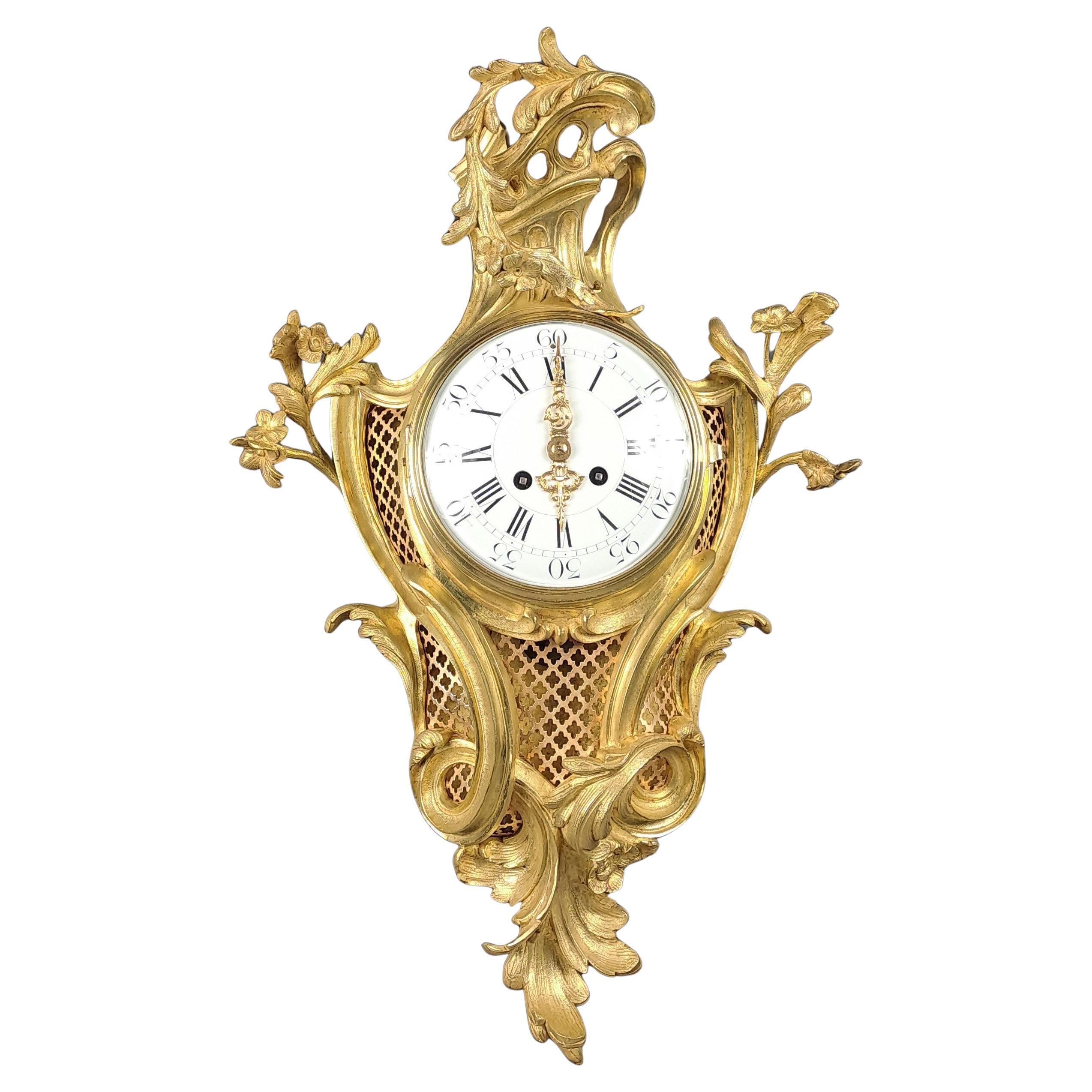 Louis XV Rococo Style Wall Clock In Gilt Bronze
