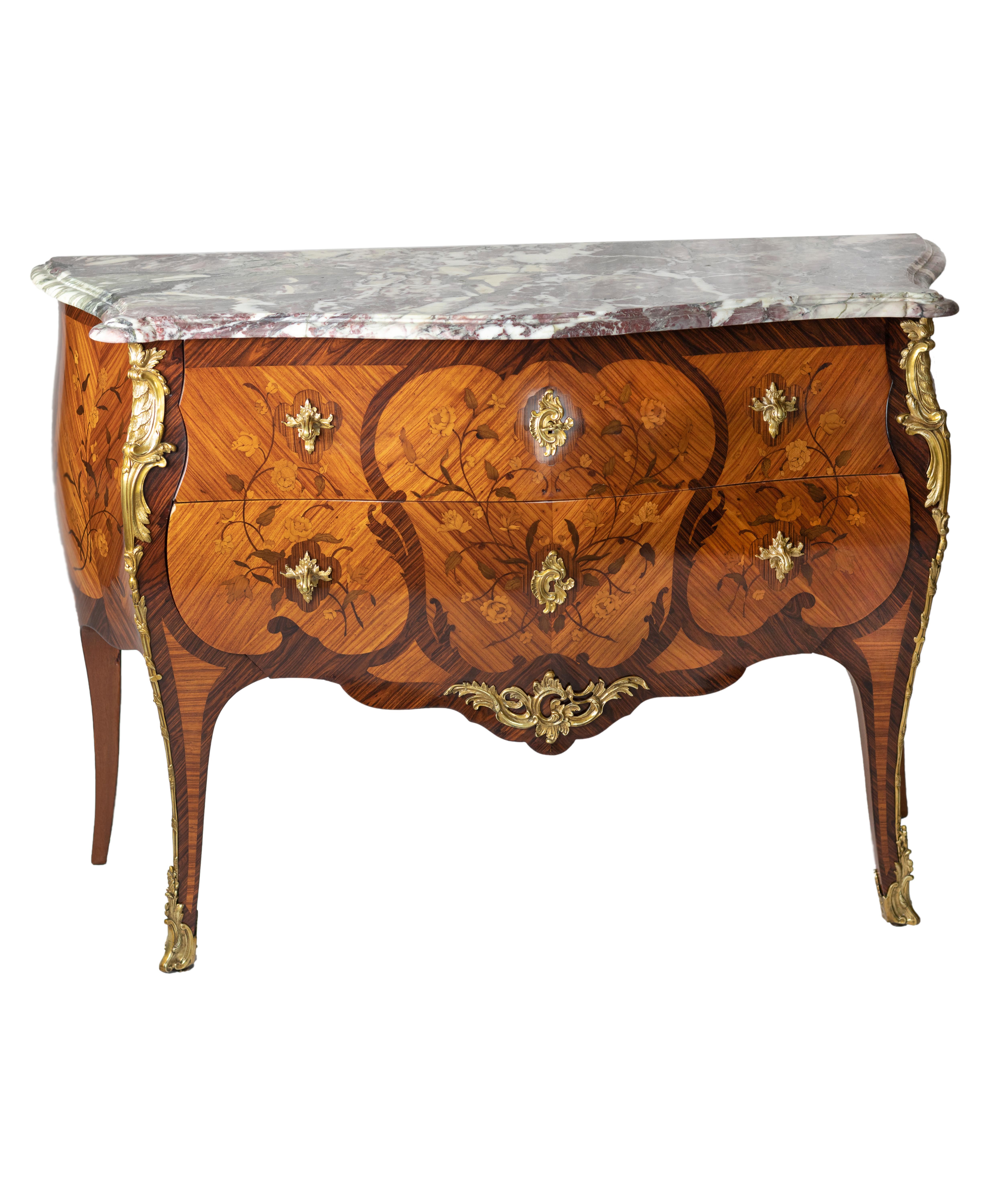 Rosewood 18th Century  Commode by the great Artist Mathieu Criaerd with gilded bronze mounts. 
Devonian of the Ardennes Marble Top. 
Rare Example.
Chest of drawers with curved front opening with two drawers without crossbar. 
Louis XV