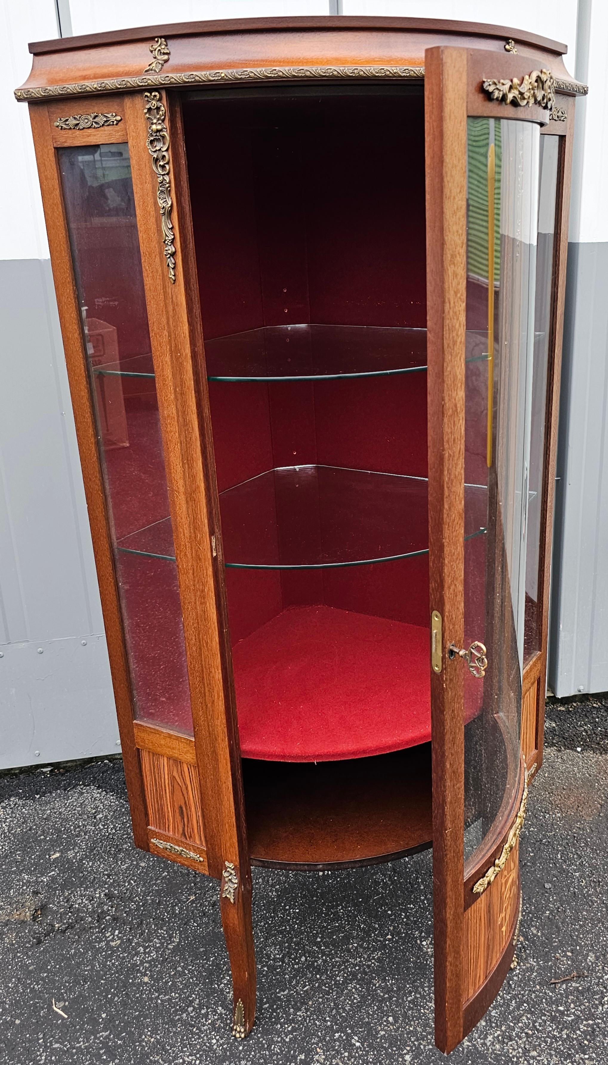 Louis XV Satinwood Inlaid Mahogany Parquetry & Marquetry Corner Vitrine Cabinet For Sale 8