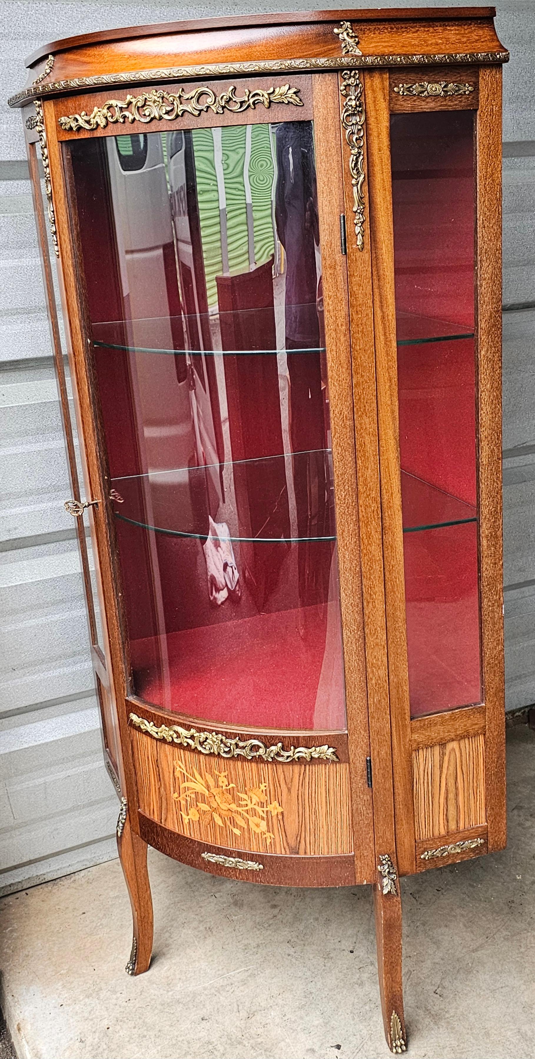 Unknown Louis XV Satinwood Inlaid Mahogany Parquetry & Marquetry Corner Vitrine Cabinet For Sale