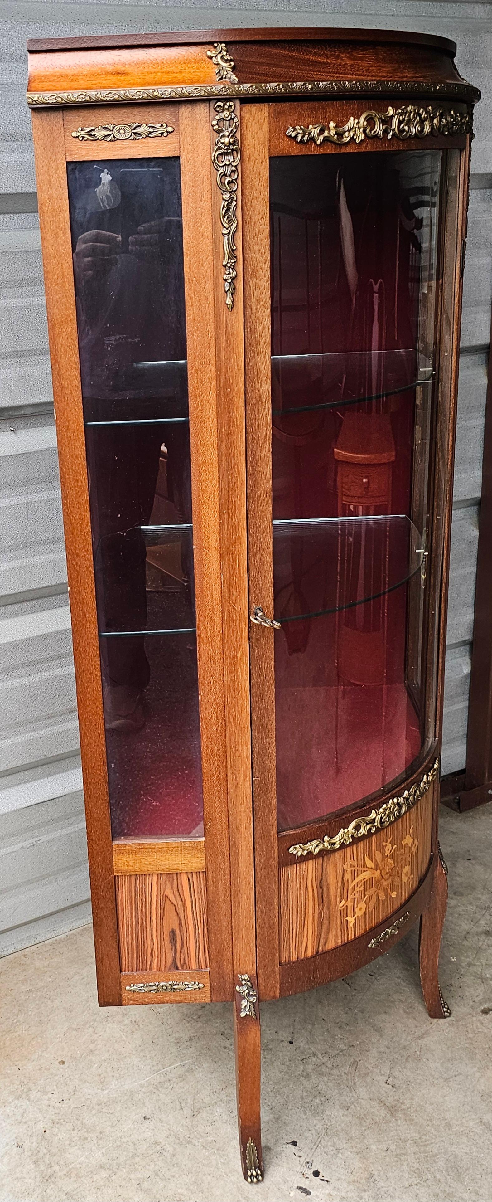 Inlay Louis XV Satinwood Inlaid Mahogany Parquetry & Marquetry Corner Vitrine Cabinet For Sale