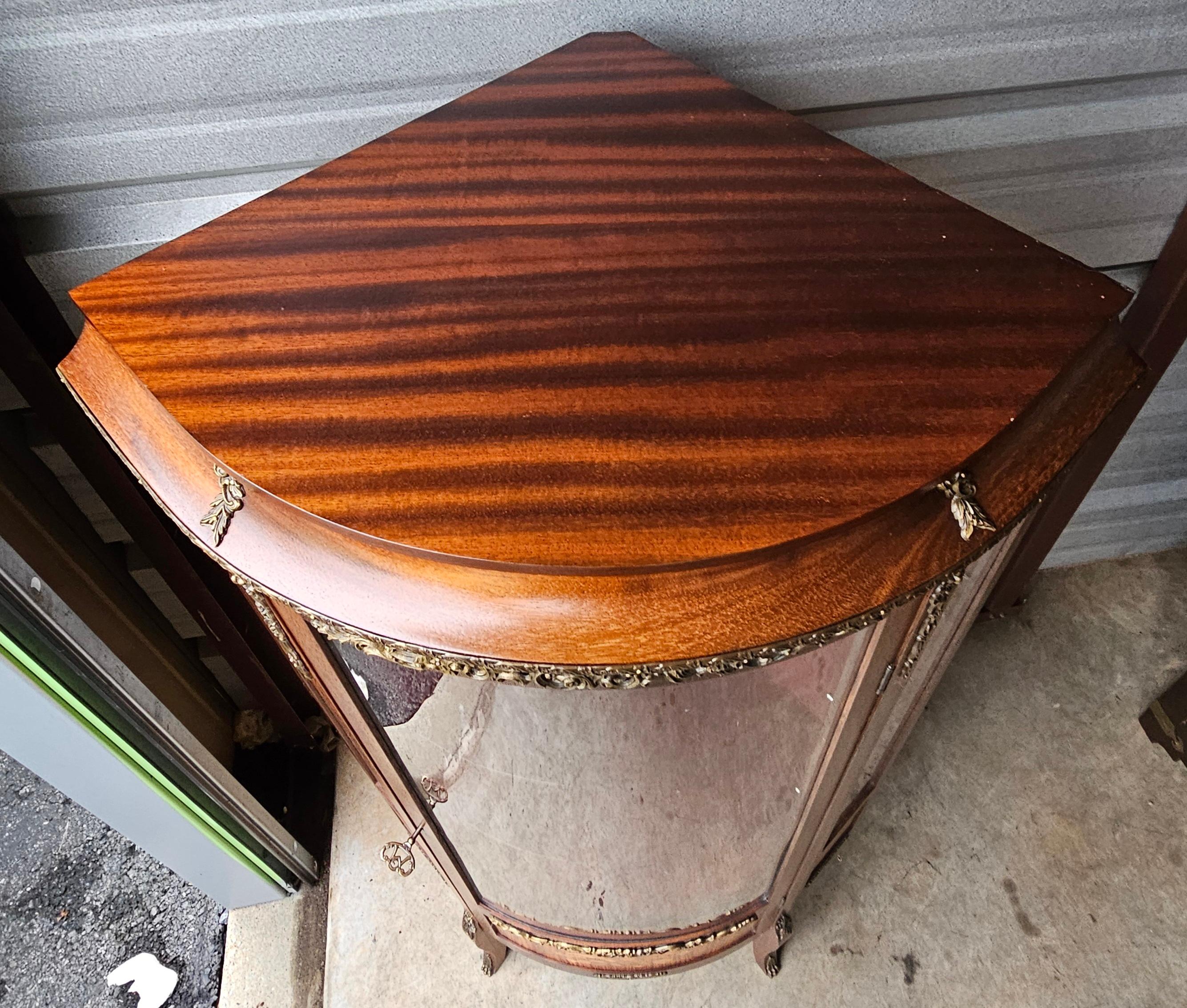 Fabric Louis XV Satinwood Inlaid Mahogany Parquetry & Marquetry Corner Vitrine Cabinet For Sale