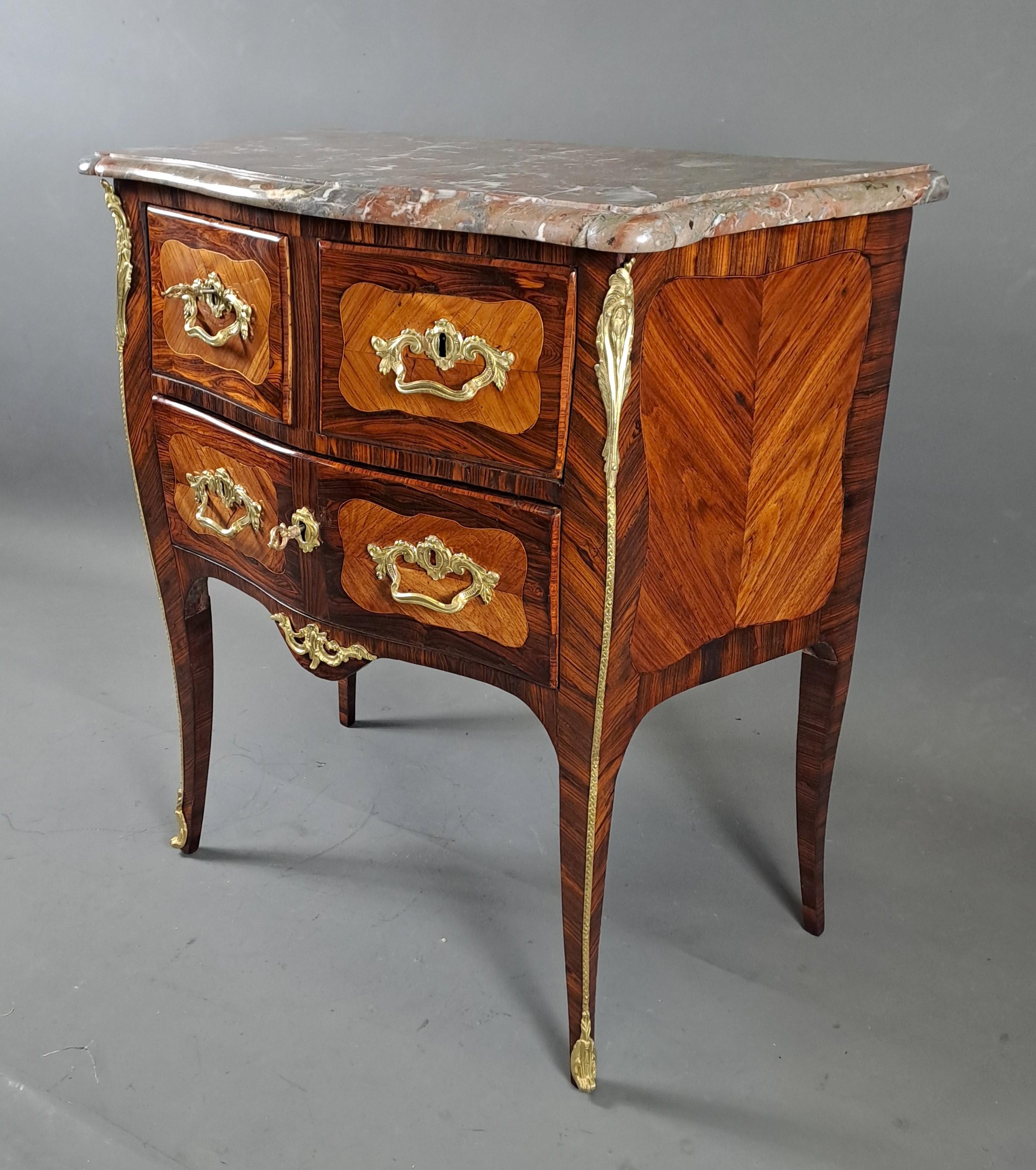 Gilt Louis XV Sauteuse Commode In Rosewood Marquetry For Sale