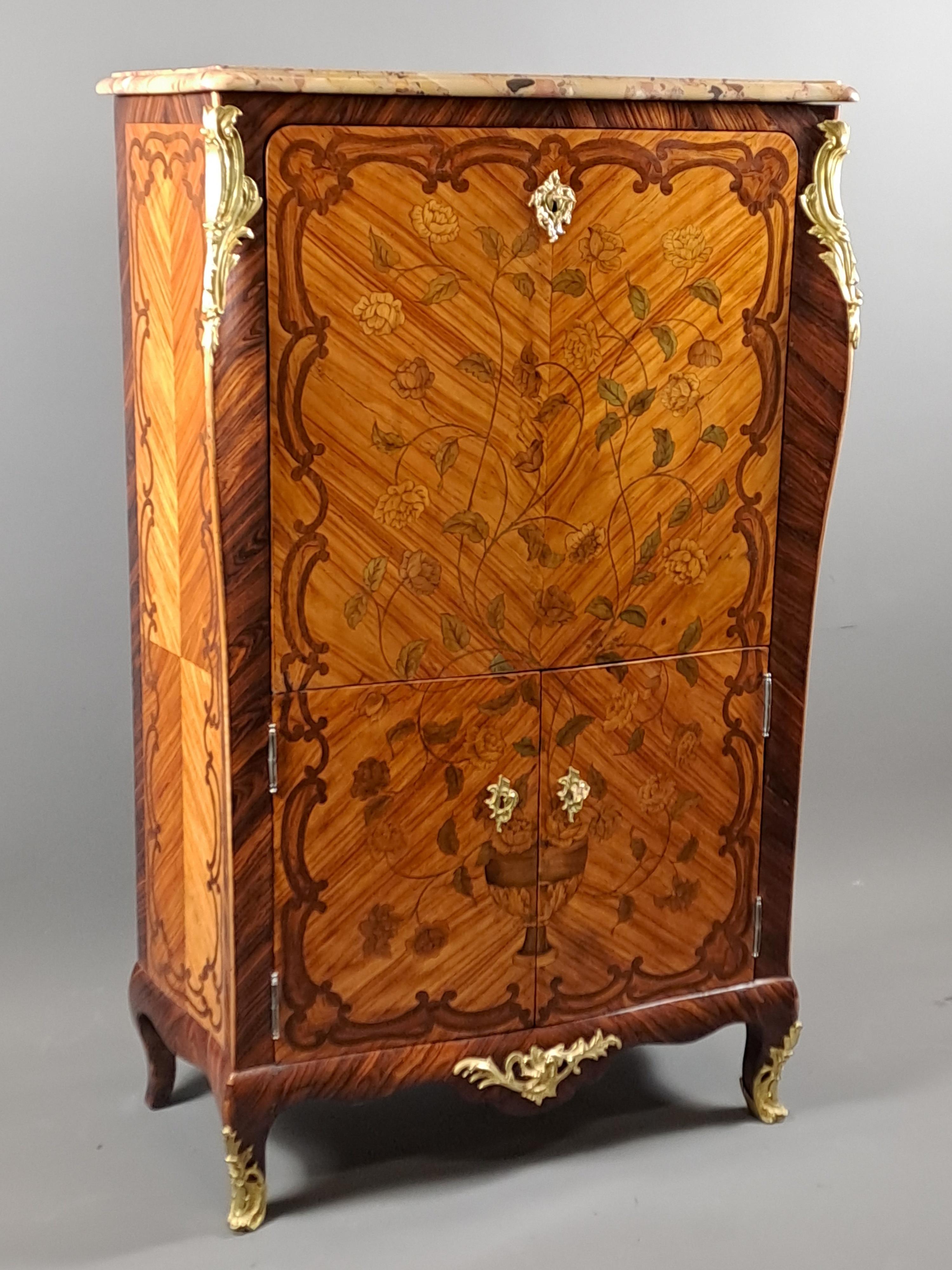 Gilt Louis XV Secretary In Floral Marquetry For Sale