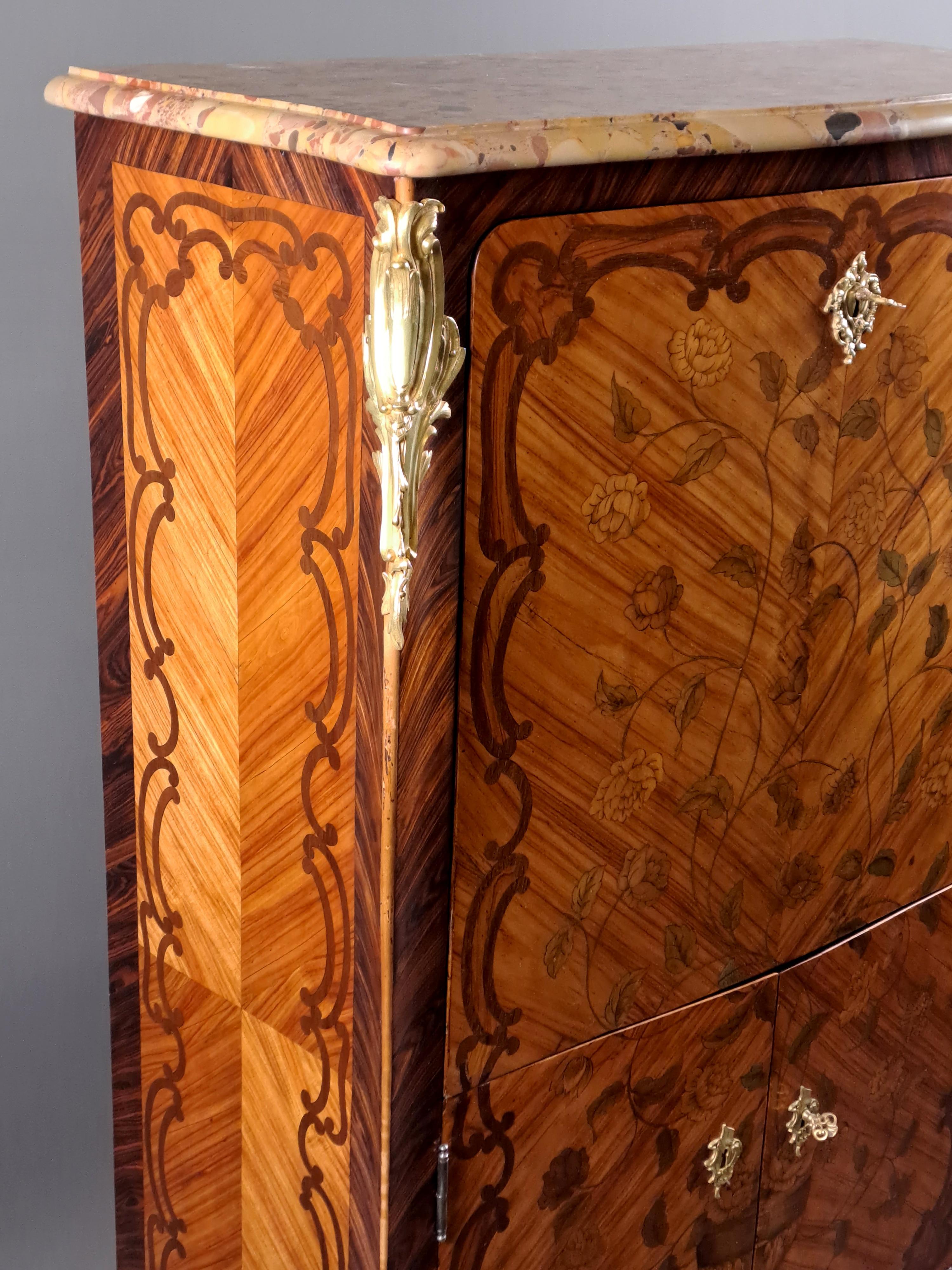 Bronze Louis XV Secretary In Floral Marquetry For Sale