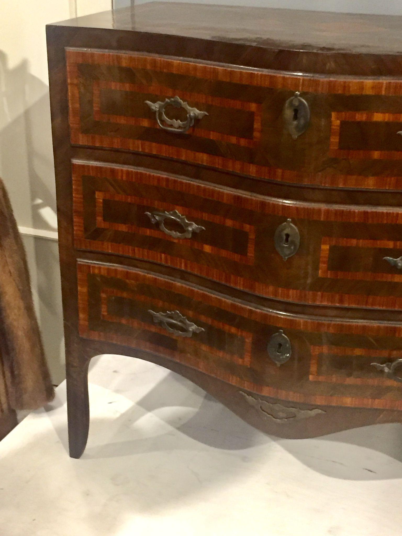 Italian Louis XV, Sicilian Chest of Drawers in Rio Rosewood, Three Drawers, Bronze Handl For Sale