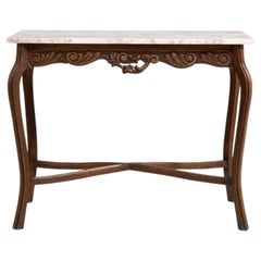 Louis XV Side Table, White Marble Top, Oak Base, French Antique, 1900