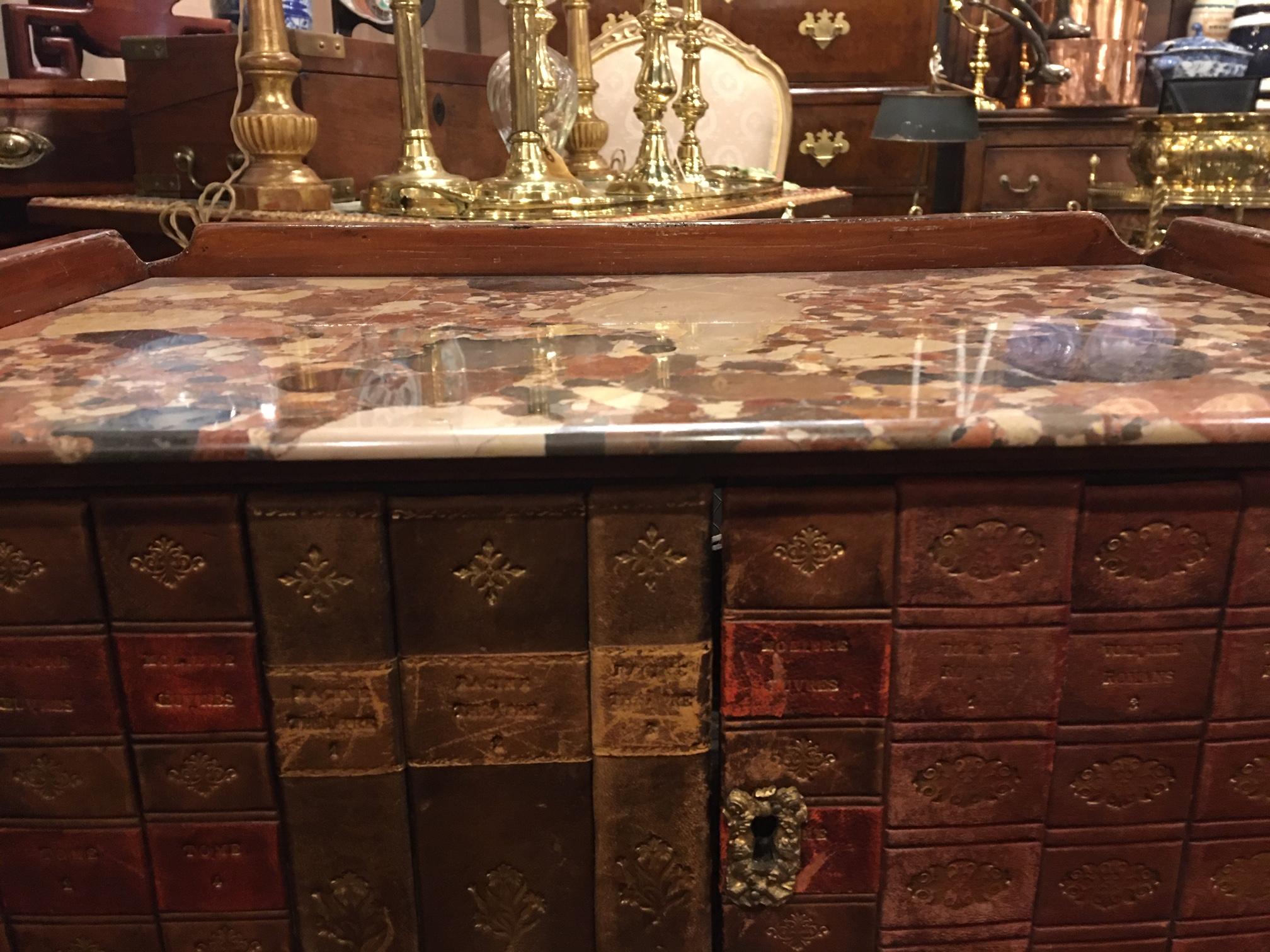Louis XV Side Table with Inlaid Old Spine Book Fronts, Marble-Top, 19th Century 7