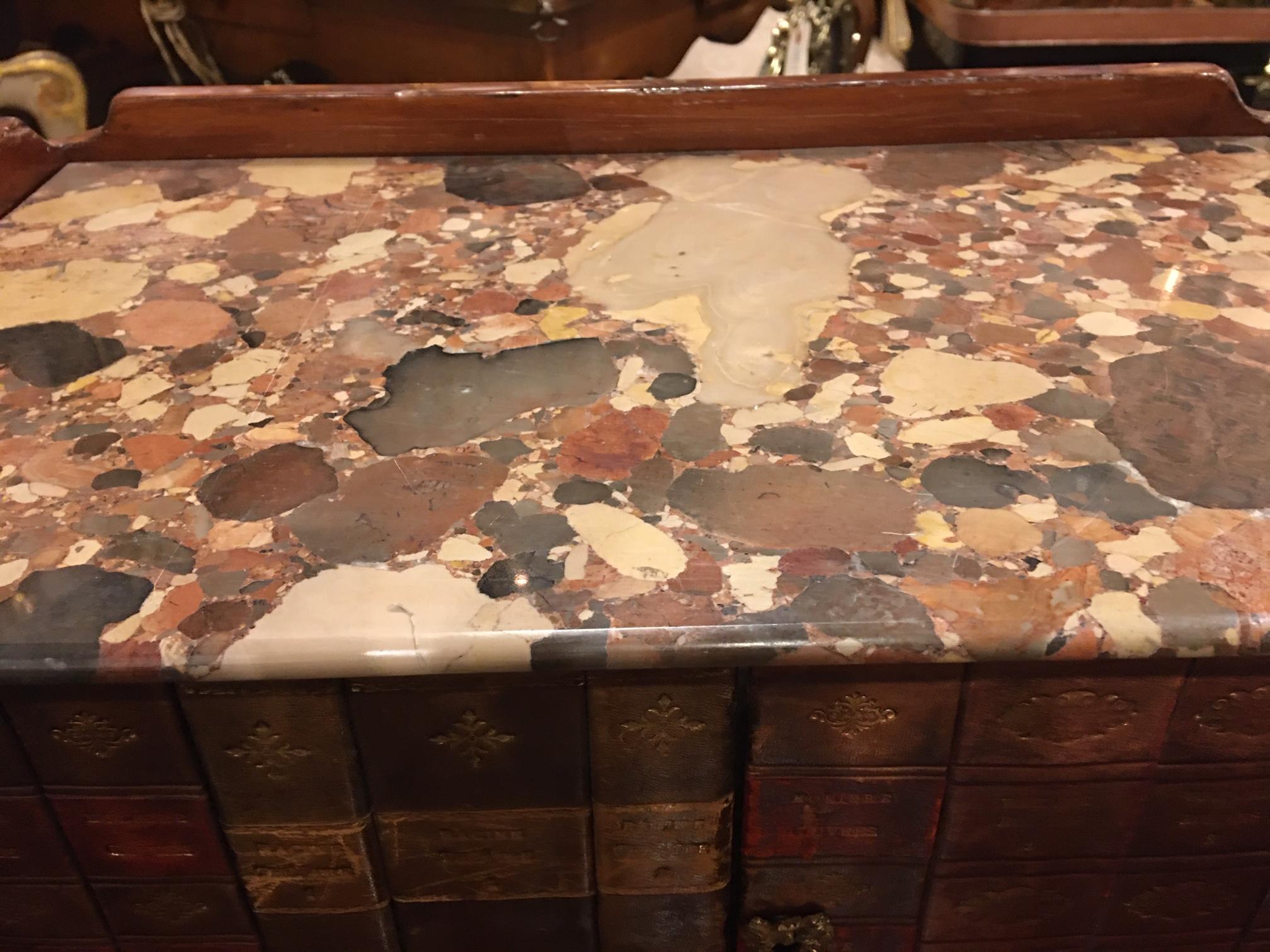 Louis XV Side Table with Inlaid Old Spine Book Fronts, Marble-Top, 19th Century 8