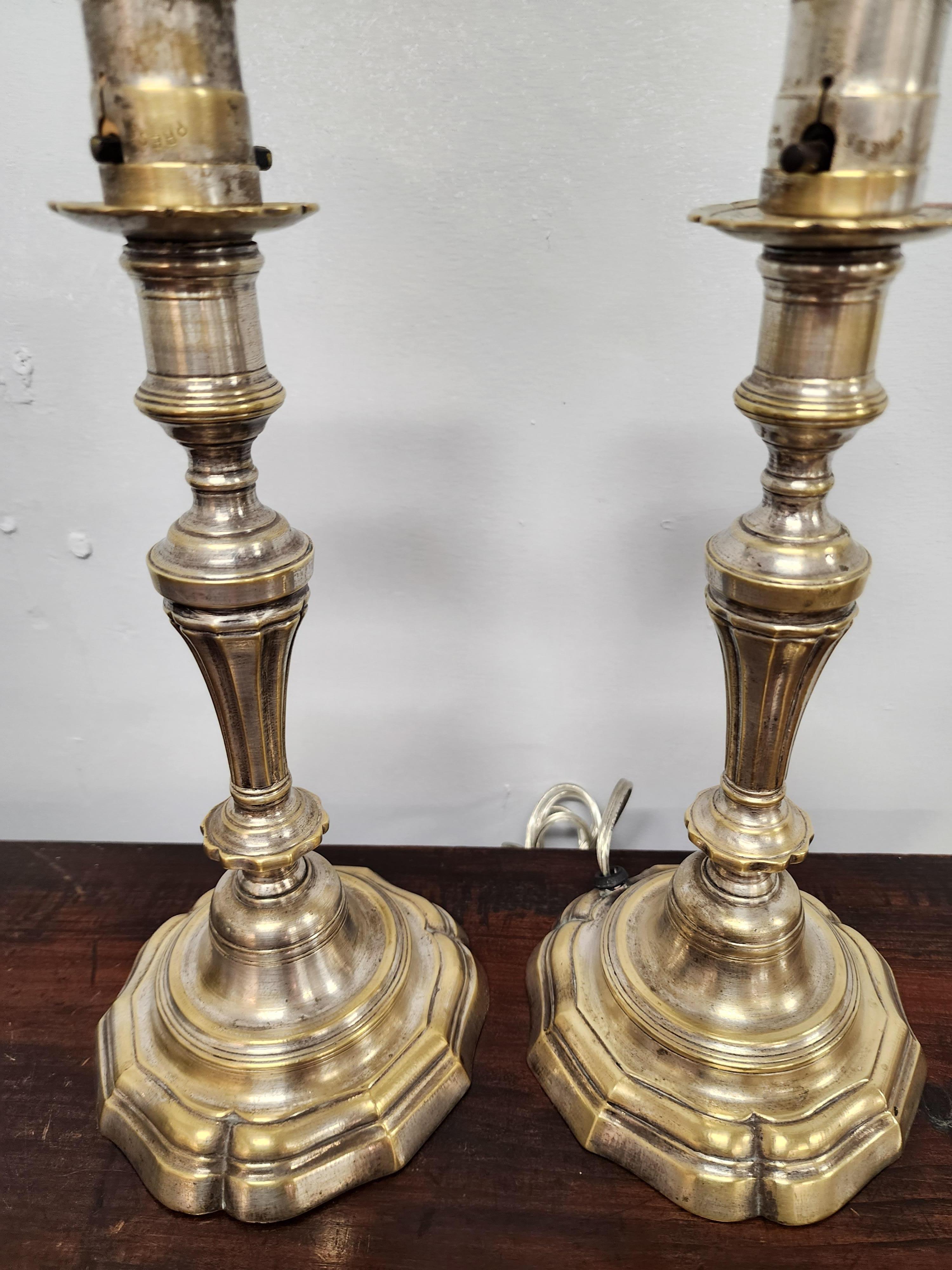 Louis XV Silvered Bronze Candlestick Lamps with Tole Shades 2