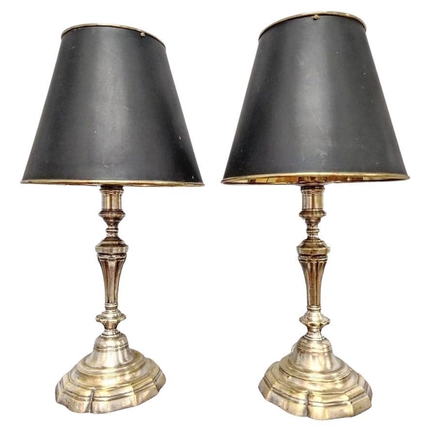 Louis XV Silvered Bronze Candlestick Lamps with Tole Shades