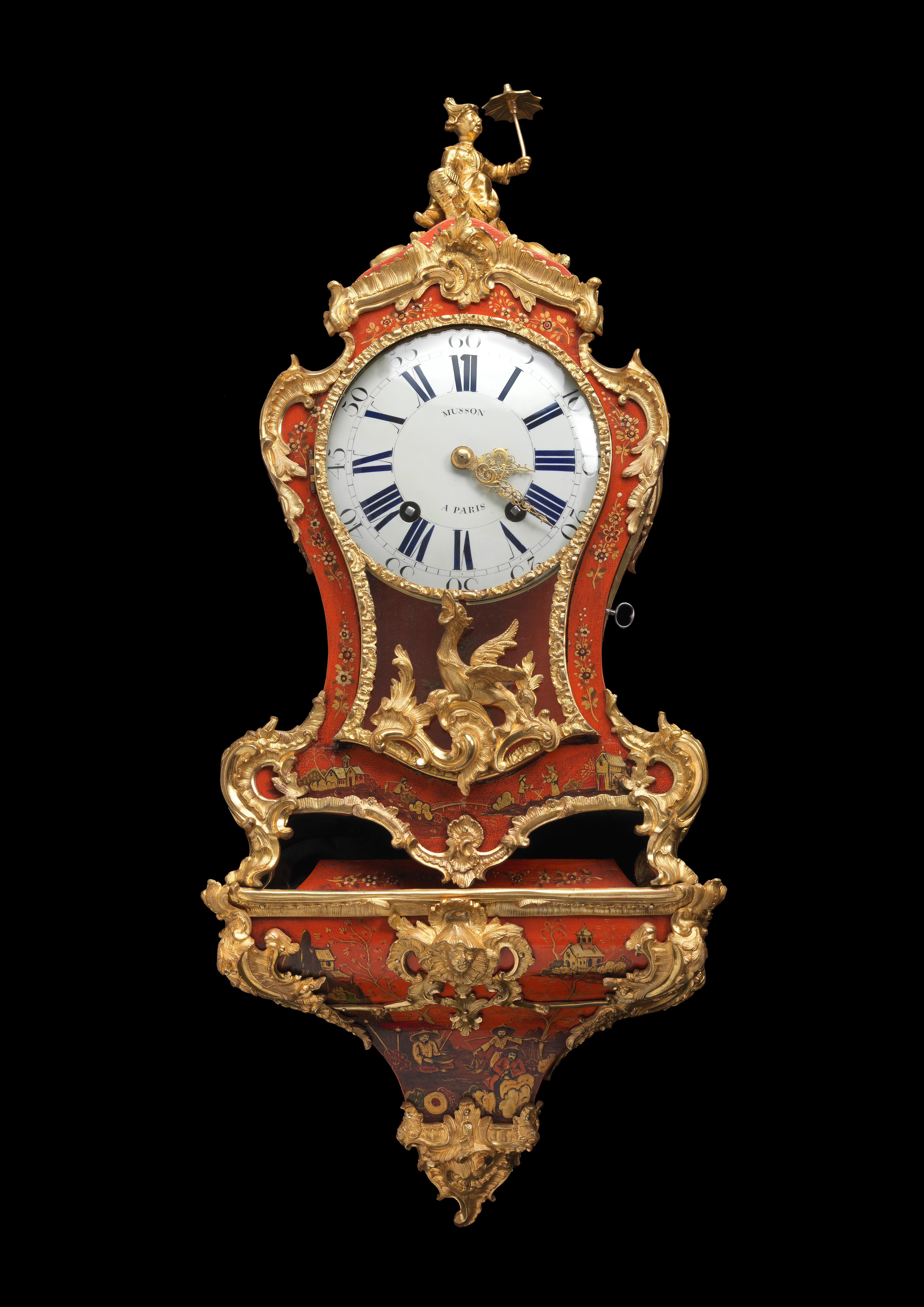 Louis XV Small Ormolu-Mounted Red Lacquer Bracket Clock, Pierre Musson, Paris In Good Condition For Sale In London, Middlesex