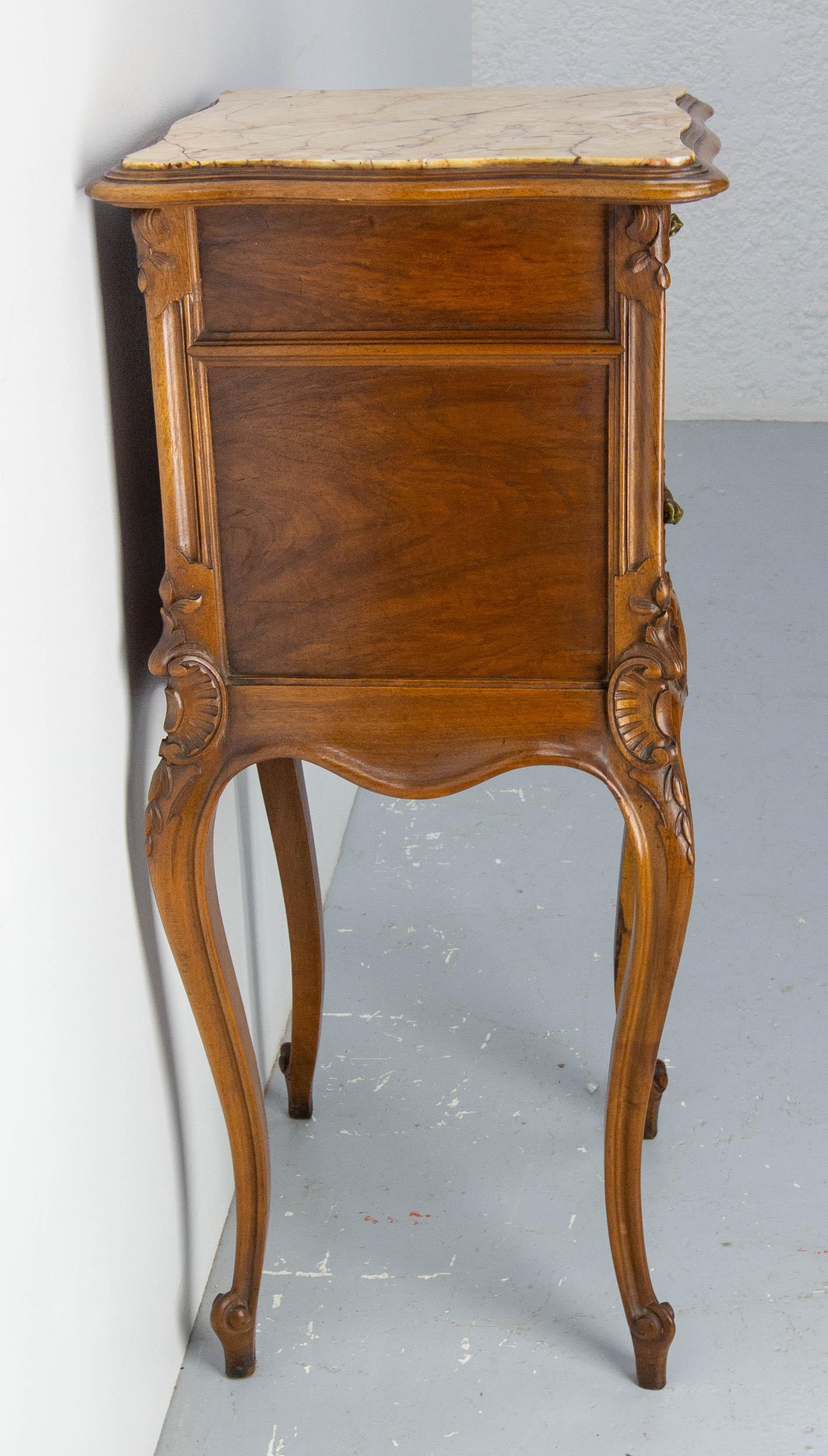 20th Century Louis XV St Side Cabinet Nightstand French Walnut Bedside Marbletop Table c 1900