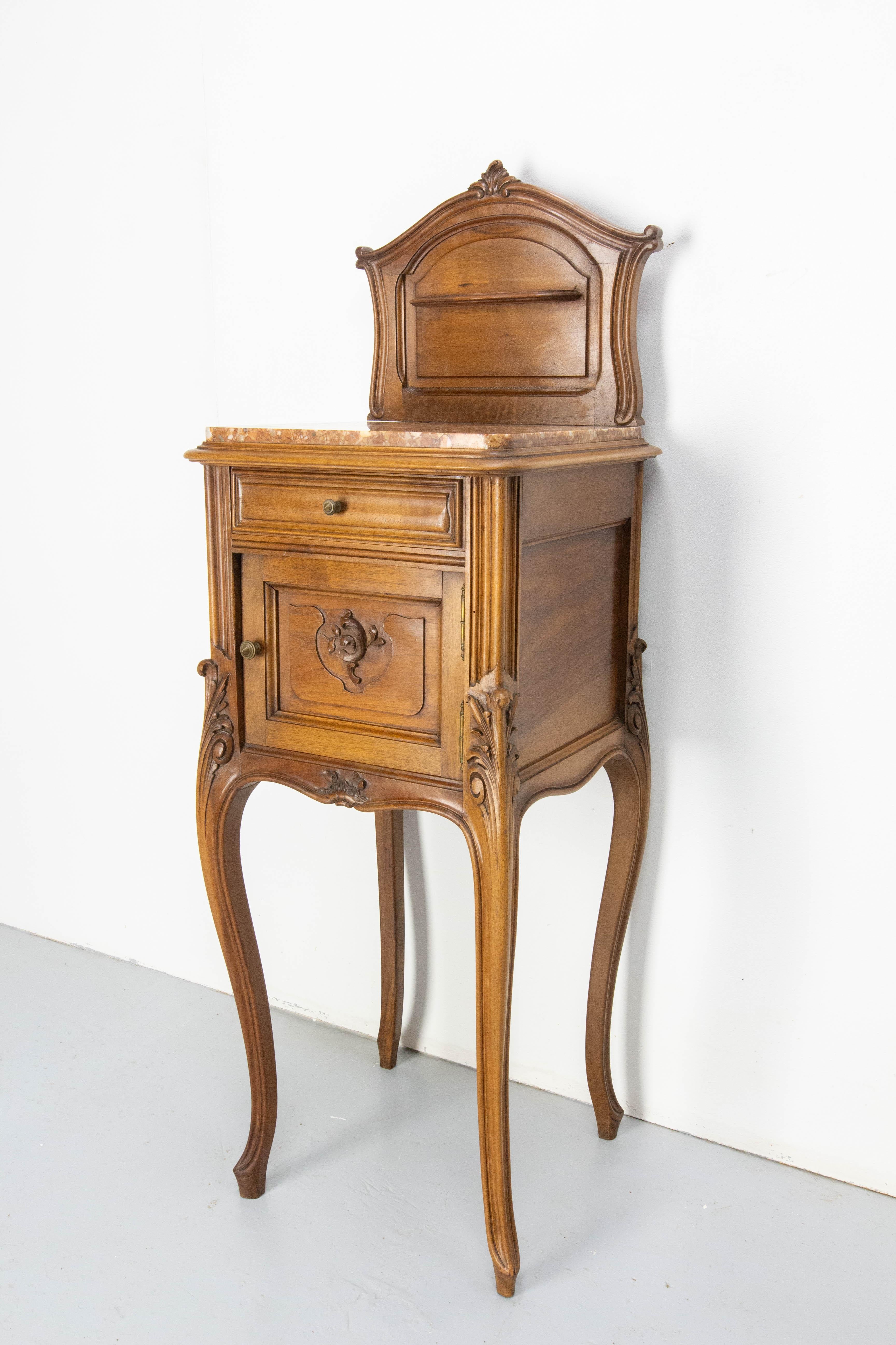 20th Century Louis XV St Side Cabinet Nightstand French Walnut Bedside Marbletop Table c 1900