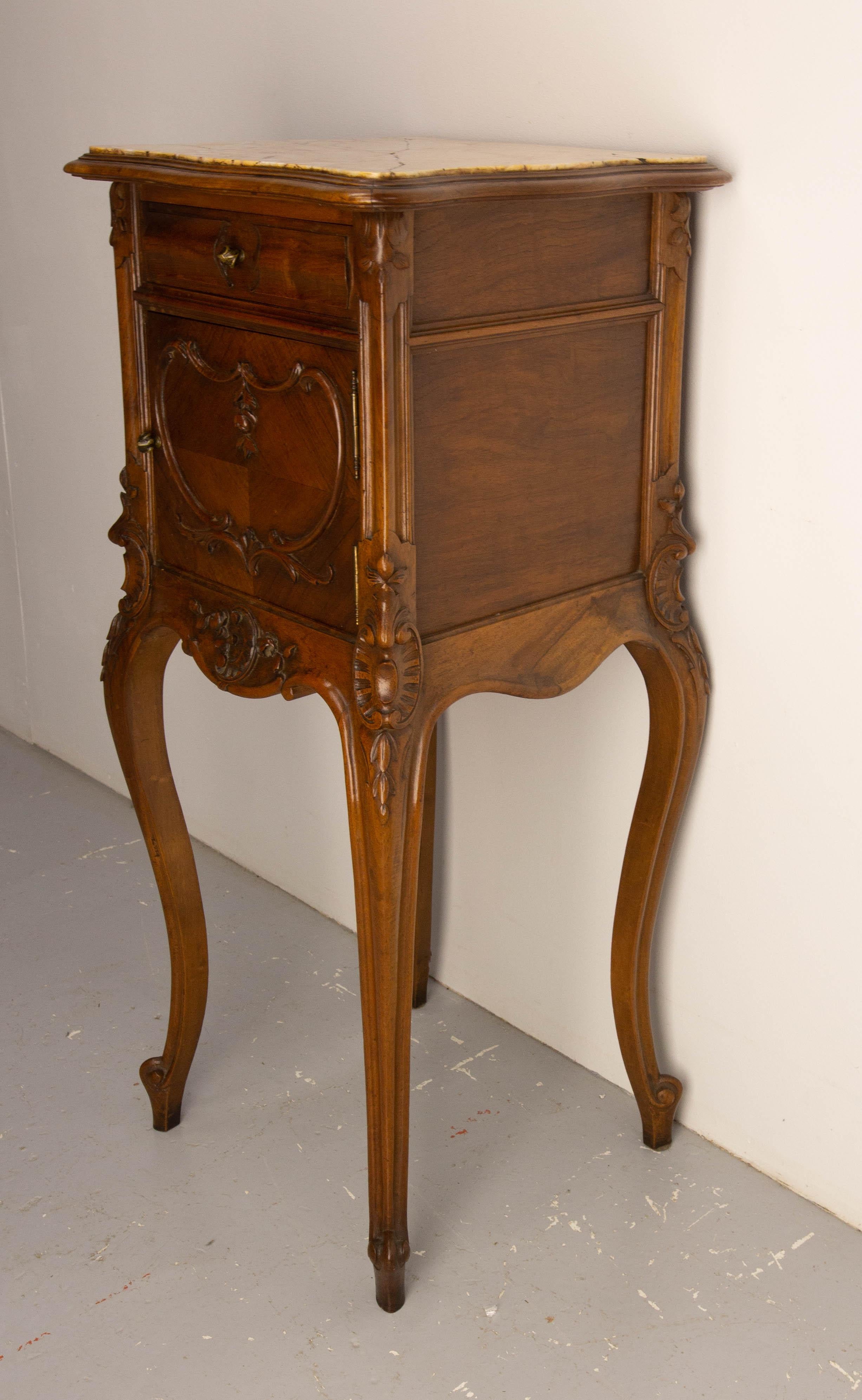 Brass Louis XV St Side Cabinet Nightstand French Walnut Bedside Marbletop Table c 1900