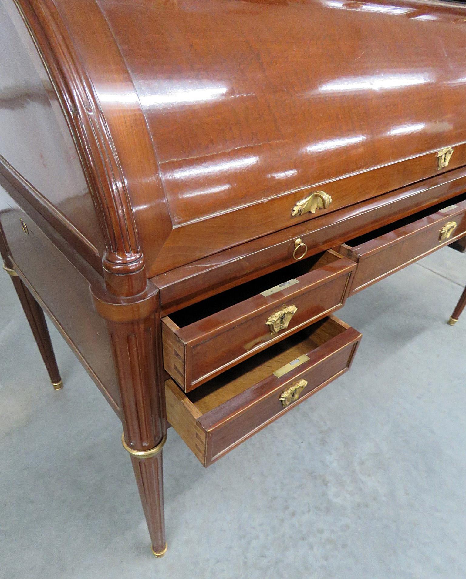 French Mahogany Bronze Mounted Louis XVI Style Roll Top Desk Attribute to Jansen