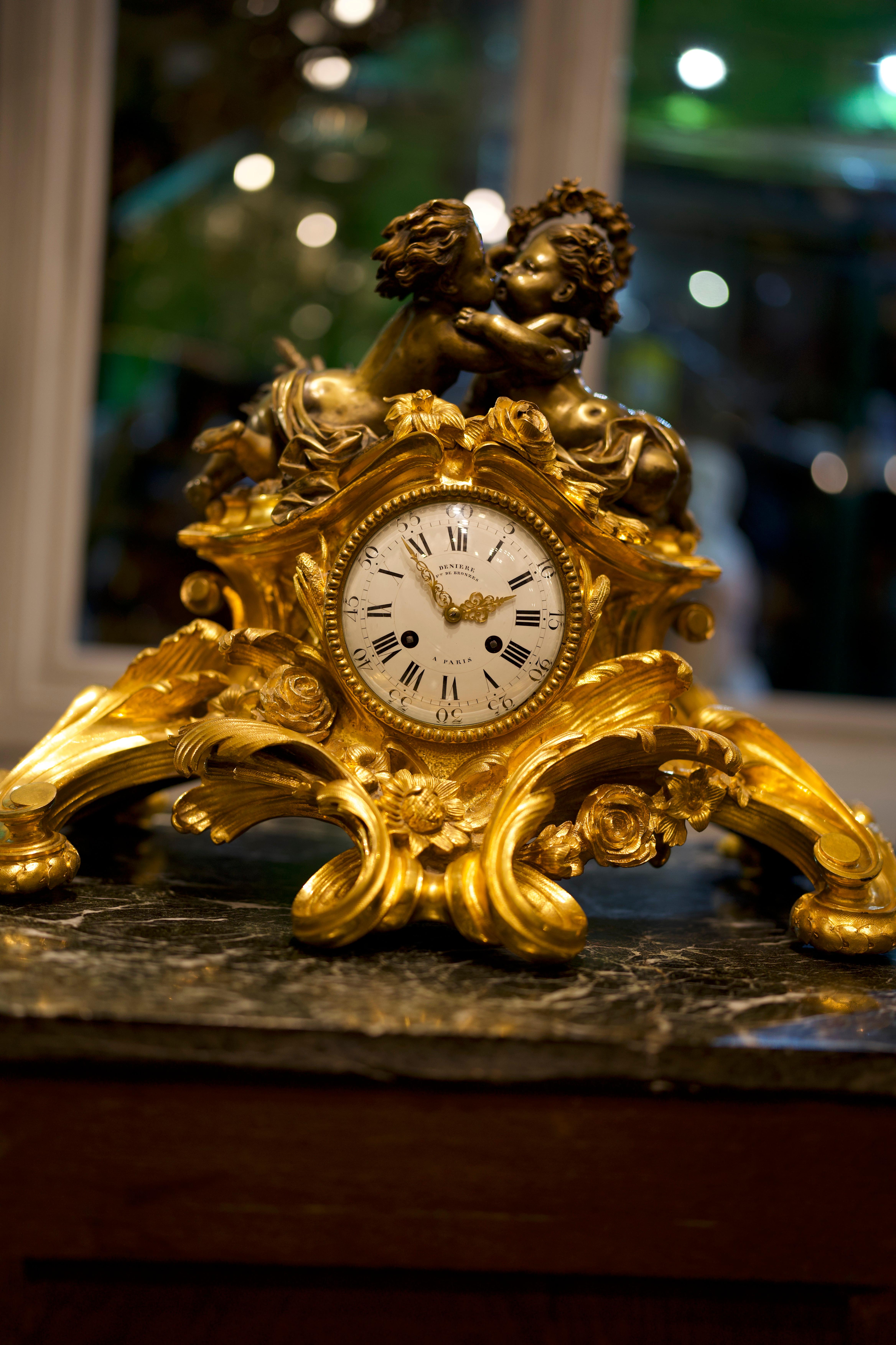Louis XV Style 19th Century French Figural Gilt Bronze Mantel Clock For Sale 1