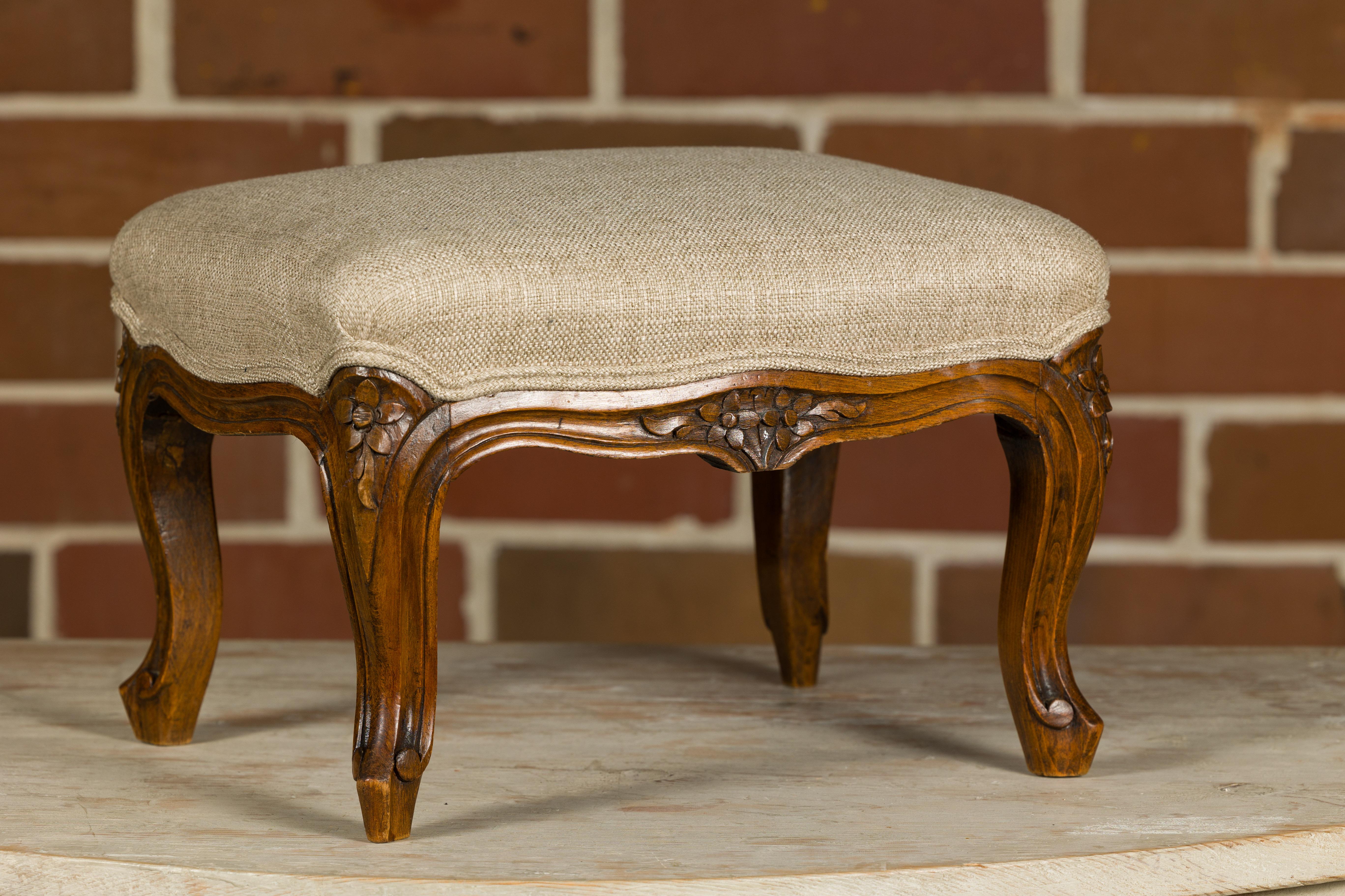 Upholstery Louis XV Style 19th Century French Footstool with Carved Cabriole Legs For Sale