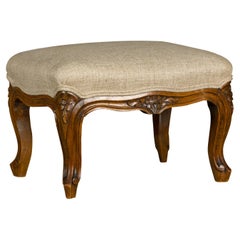 Antique Louis XV Style 19th Century French Footstool with Carved Cabriole Legs