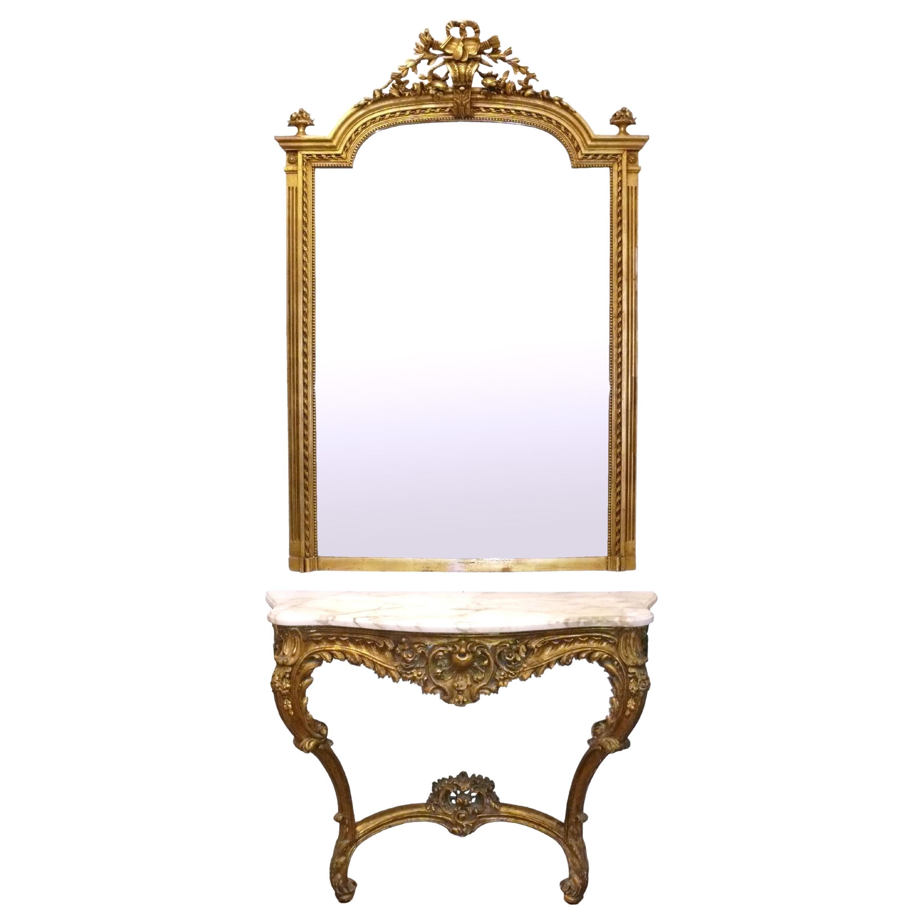 Louis XV Style 19th Century French Giltwood Console Table and Mirror Regency