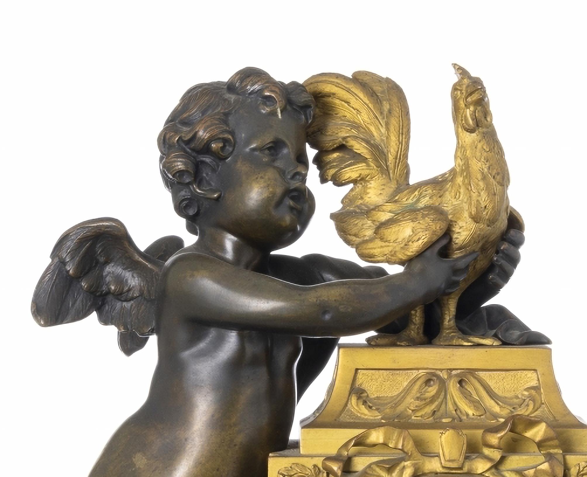 MANTEL CLOCK STYLE LOUIS XV du 19ème siècle

Française, en bronze doré et marbre, cadran en émail blanc avec chiffres arabes. Décoré d'un cupidon et d'un coq. Marqué 