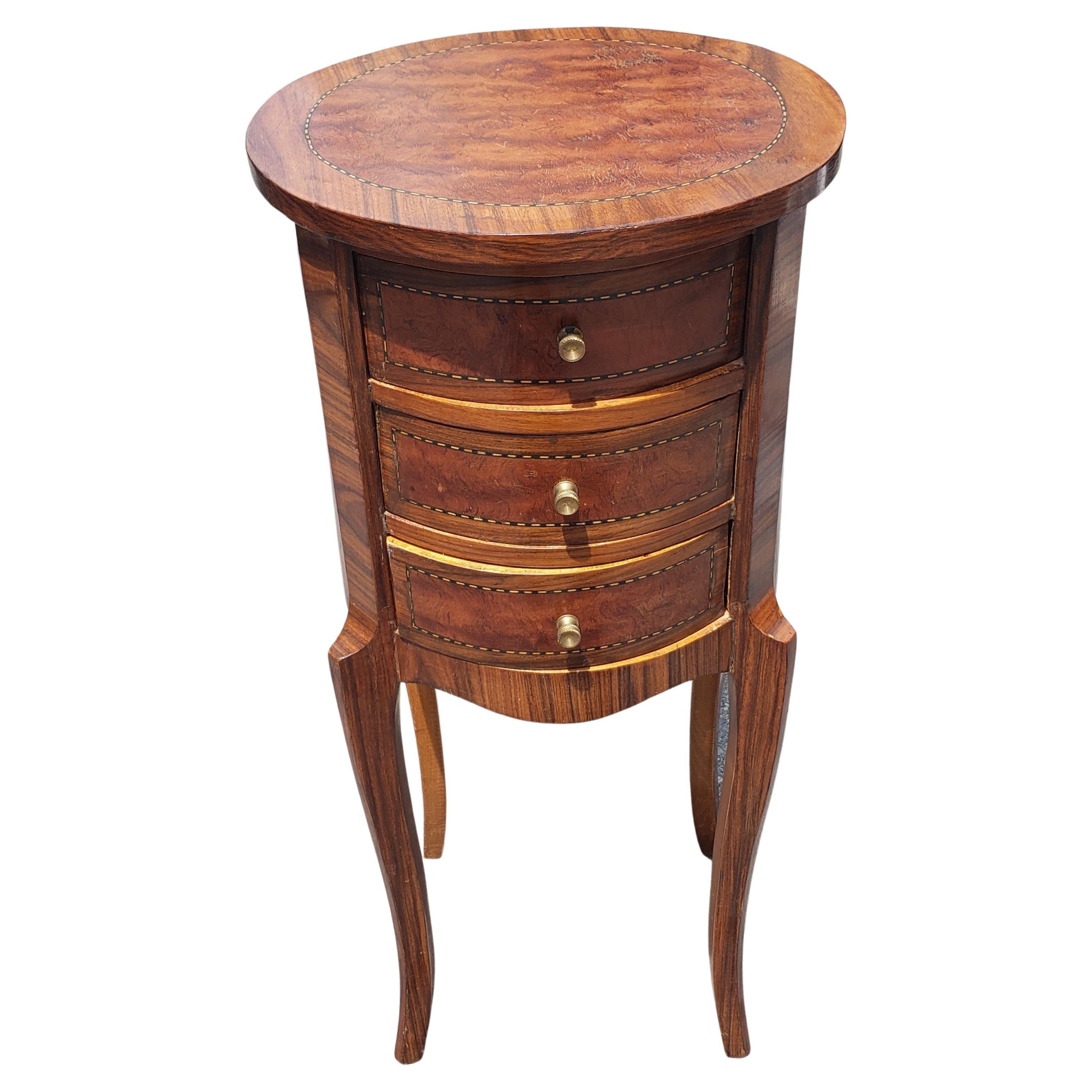 Louis XV Style 3-Drawer Satinwood Inlaid Mixed Banded Fruitwood Round Side Table 4