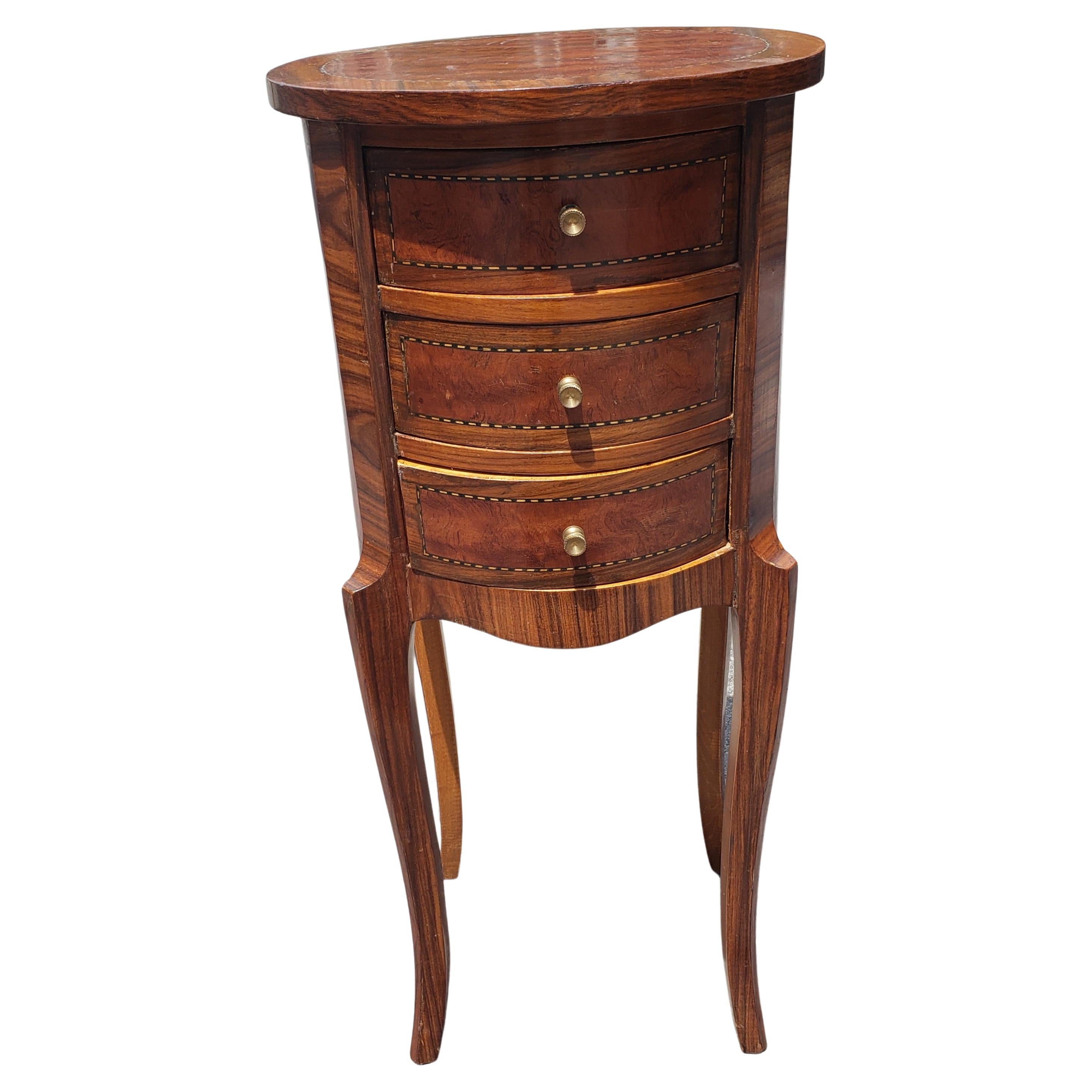 Louis XV Style 3-Drawer Satinwood Inlaid Mixed Banded Fruitwood Round Side Table 5