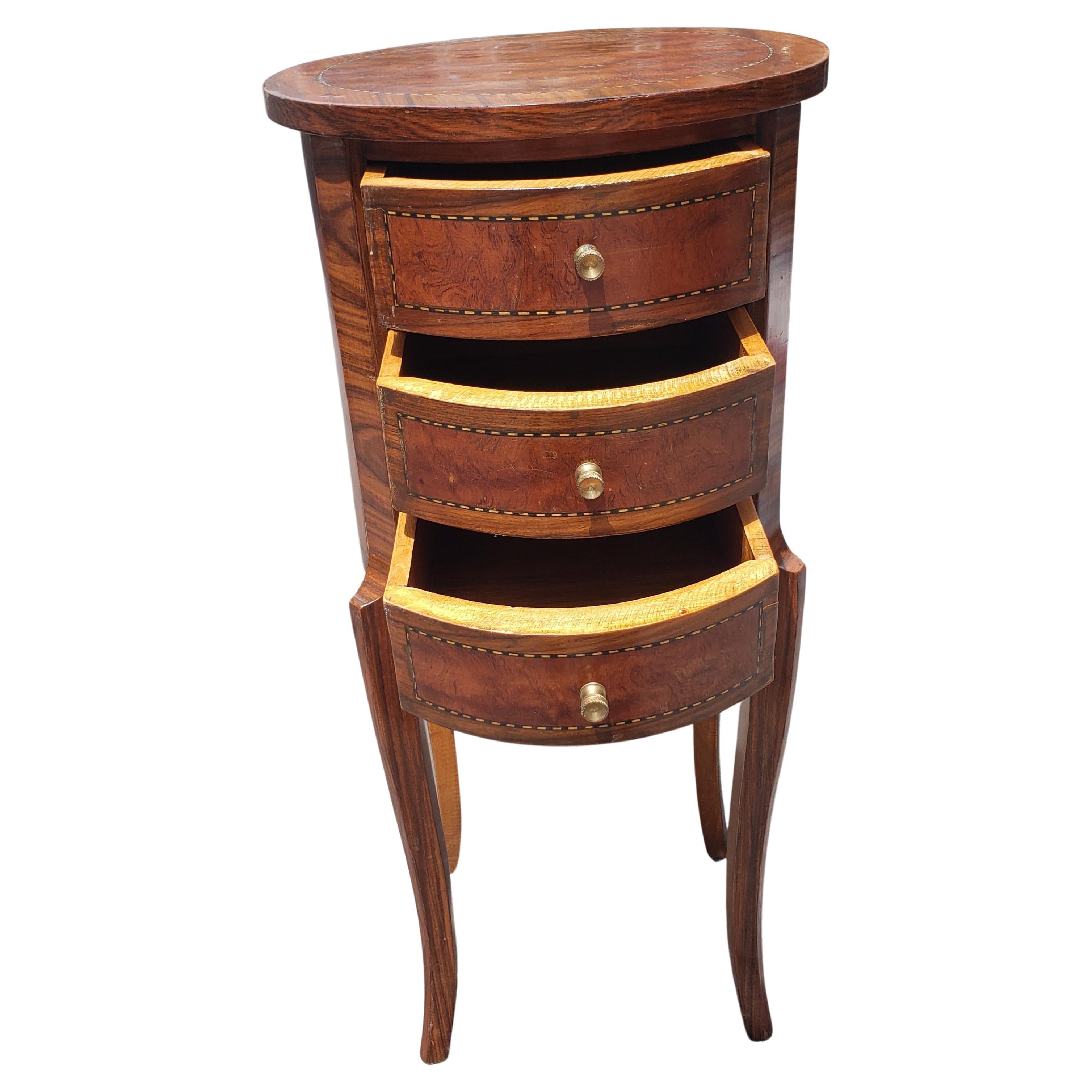 20th Century Louis XV Style 3-Drawer Satinwood Inlaid Mixed Banded Fruitwood Round Side Table