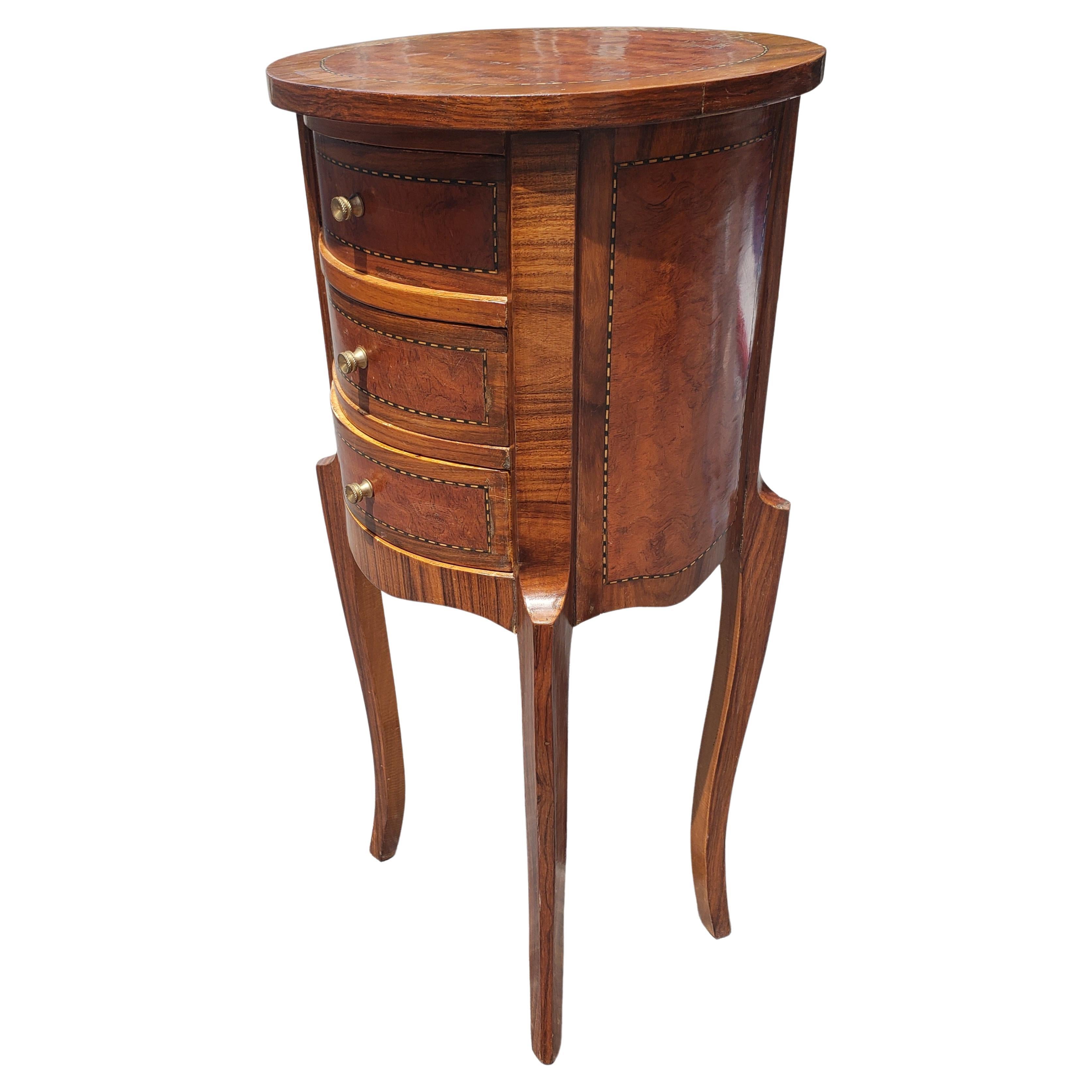 Louis XV Style 3-Drawer Satinwood Inlaid Mixed Banded Fruitwood Round Side Table 1