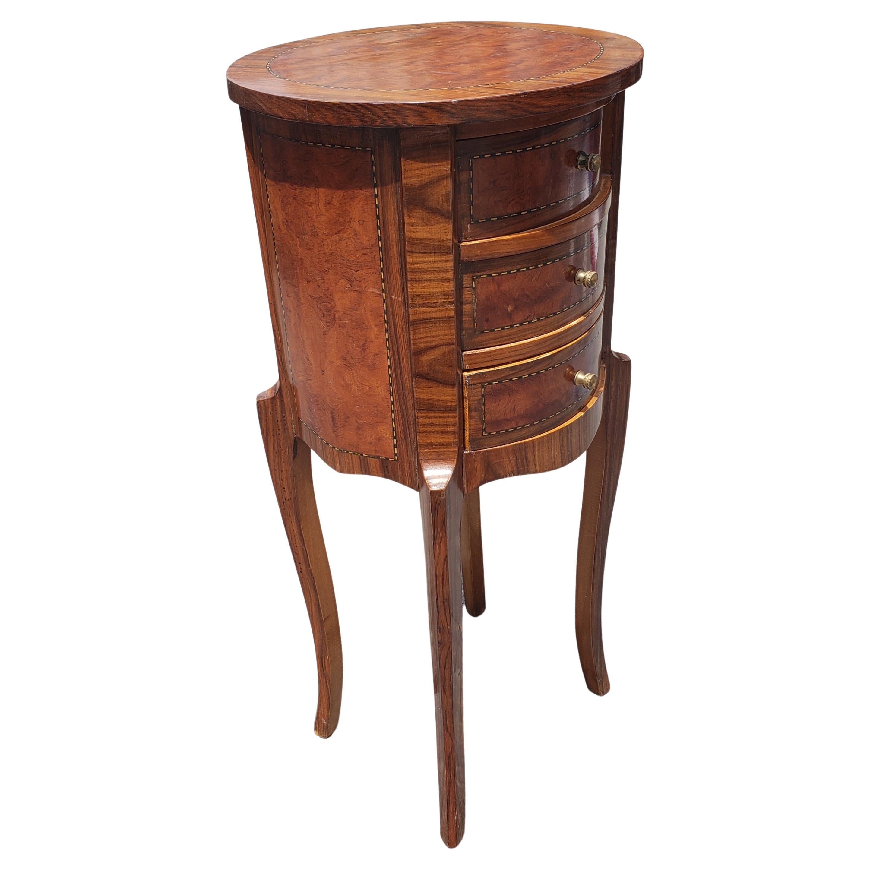 Louis XV Style 3-Drawer Satinwood Inlaid Mixed Banded Fruitwood Round Side Table 2