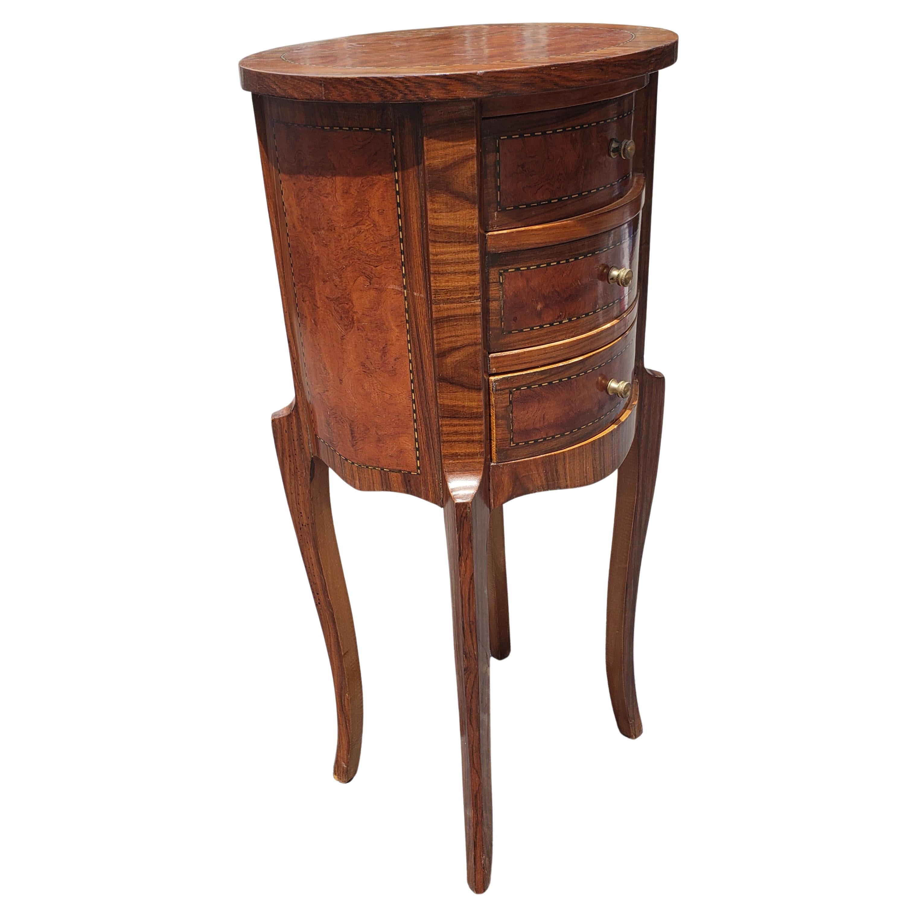 Louis XV Style 3-Drawer Satinwood Inlaid Mixed Banded Fruitwood Round Side Table 3