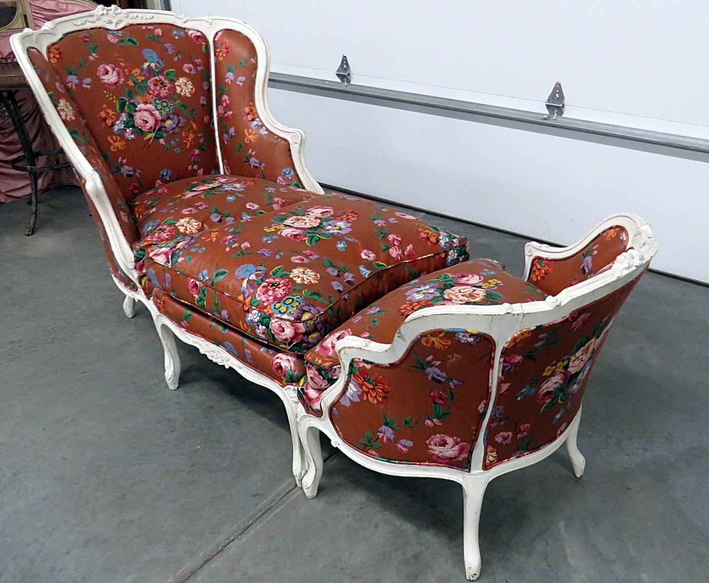 Louis XV style distressed painted 3-piece chaise. Larger chair measures 40
