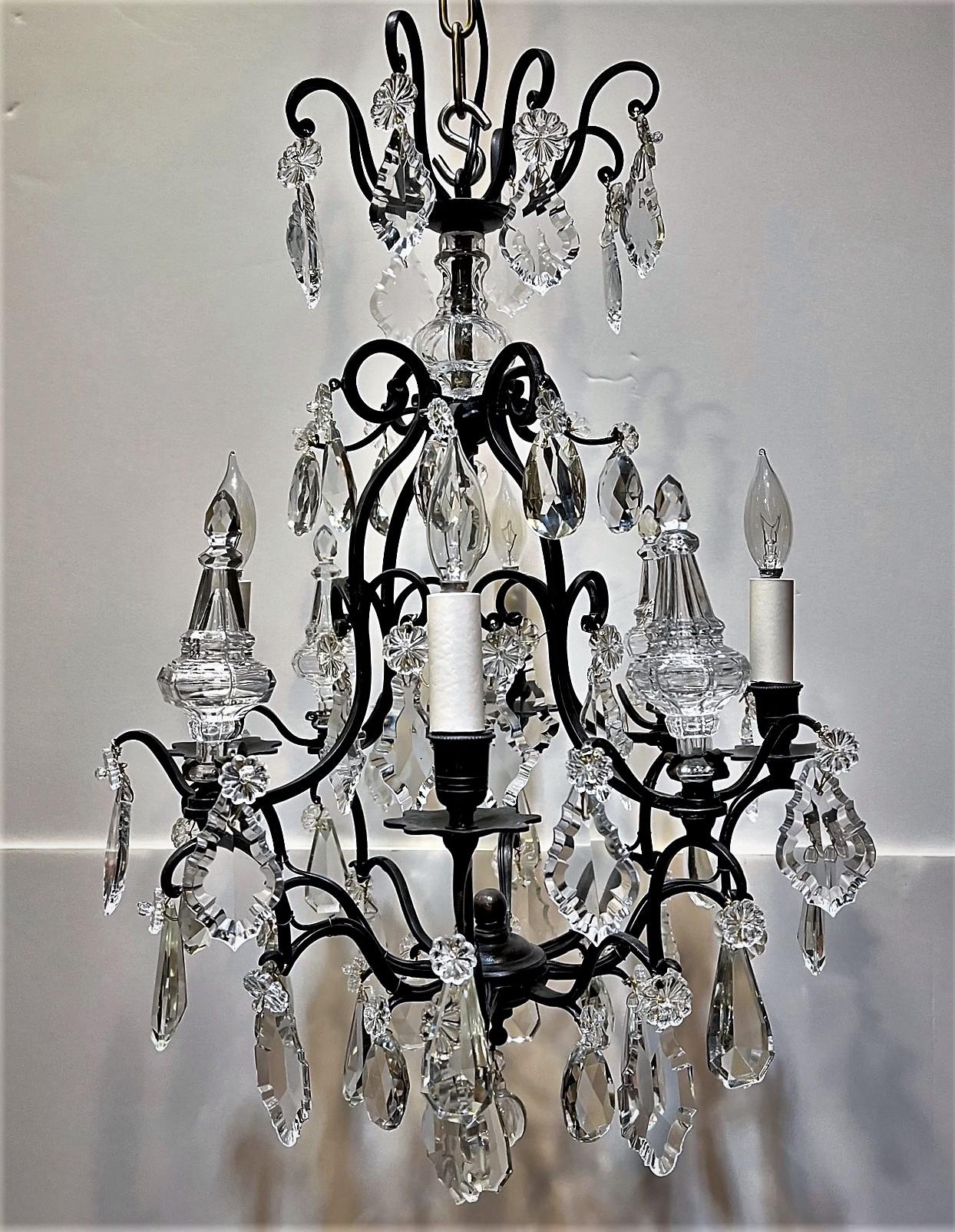 Rococo Louis XV Style 4-Light Crystal Chandelier, Cast Iron Frame, Circa:1930, France For Sale