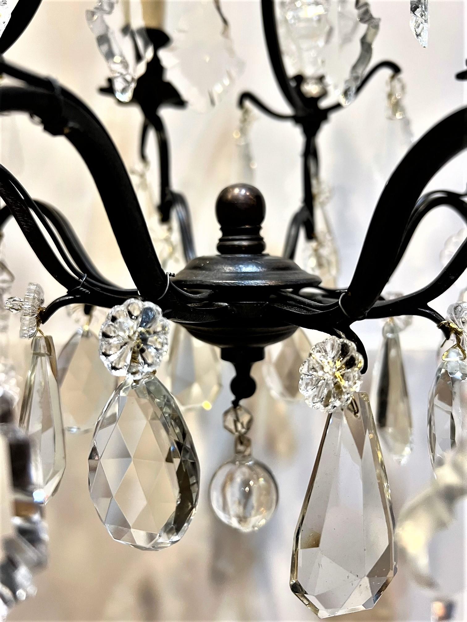 Louis XV Style 4-Light Crystal Chandelier, Cast Iron Frame, Circa:1930, France For Sale 3