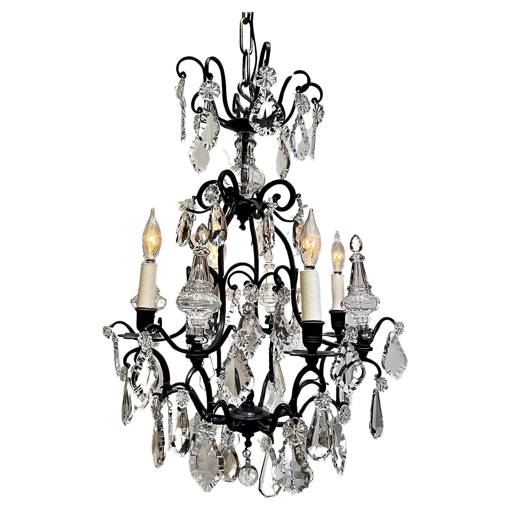 Louis XV Style 4-Light Crystal Chandelier, Cast Iron Frame, Circa:1930, France For Sale