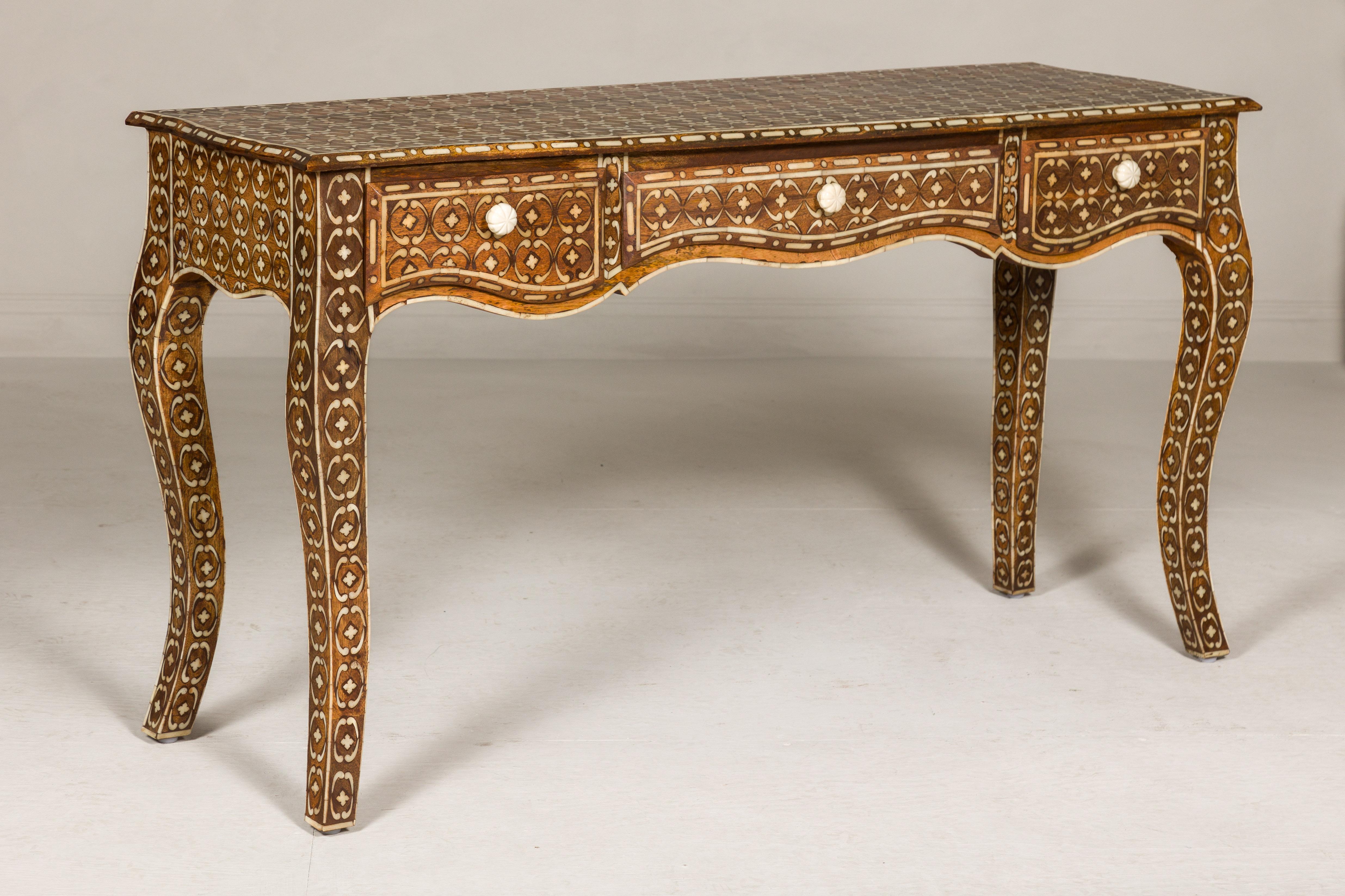 Louis XV Style Anglo-Indian Console Table with Three Drawers and Bone Inlay For Sale 6