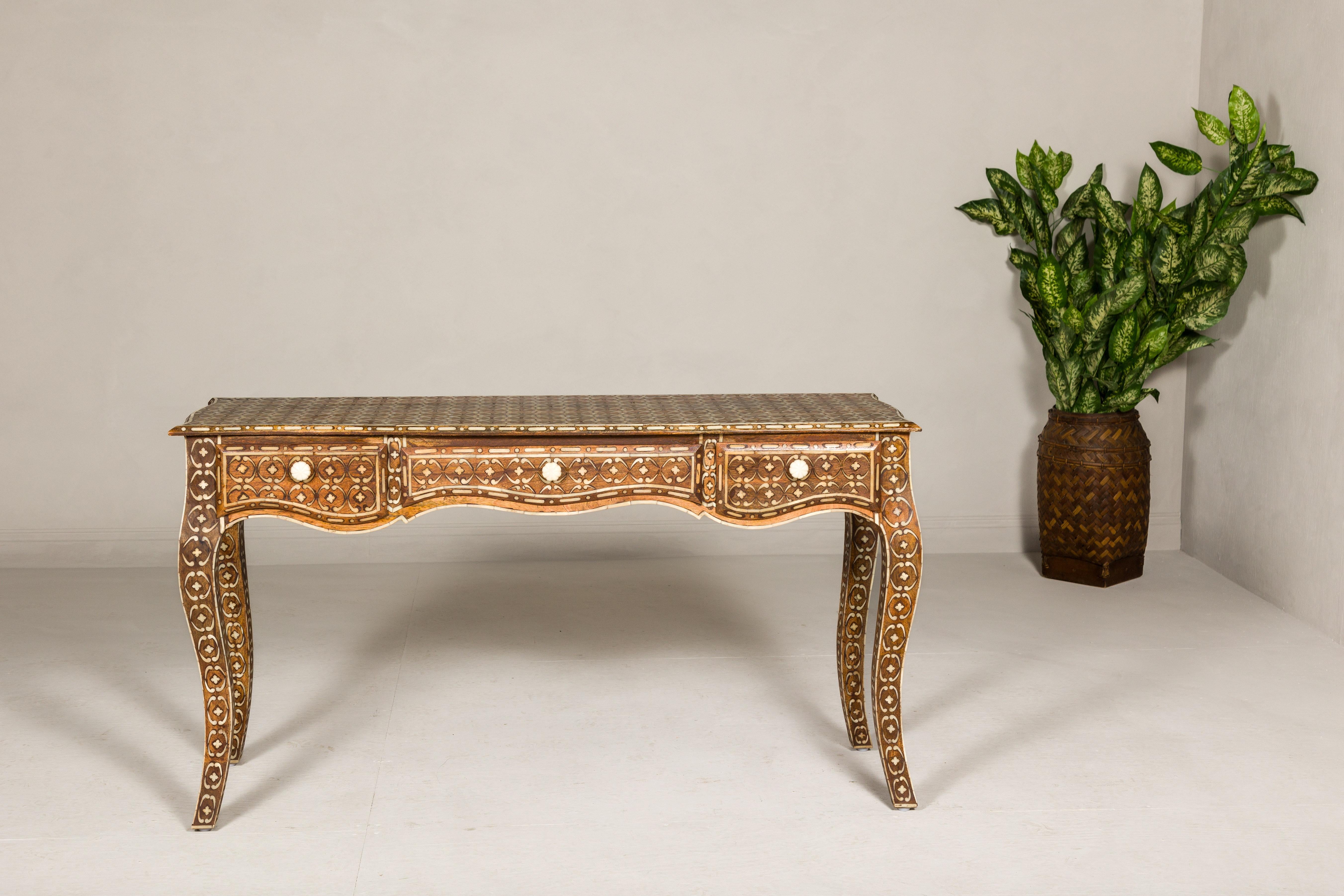 Louis XV Style Anglo-Indian Console Table with Three Drawers and Bone Inlay For Sale 7