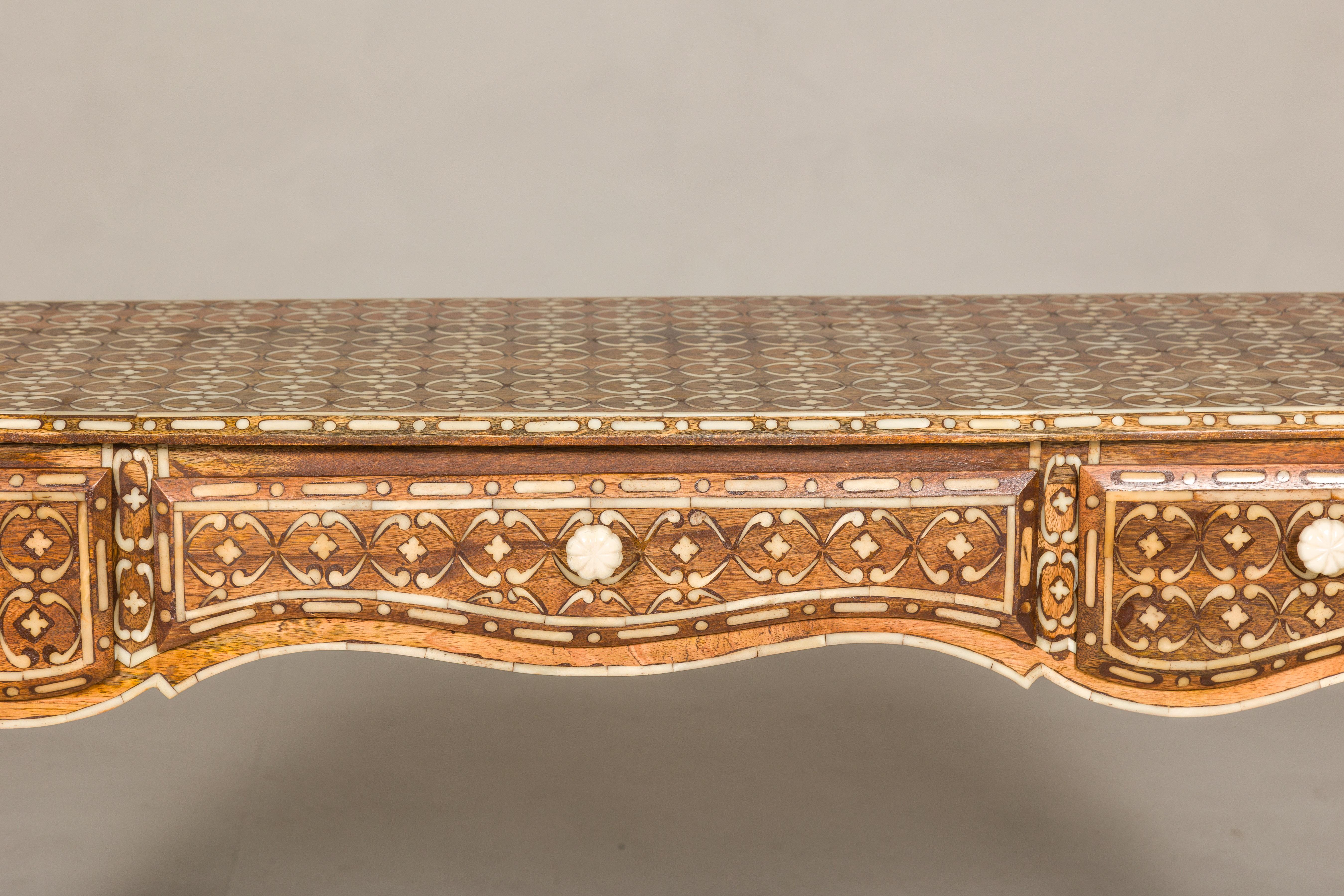 Louis XV Style Anglo-Indian Console Table with Three Drawers and Bone Inlay In Excellent Condition For Sale In Yonkers, NY