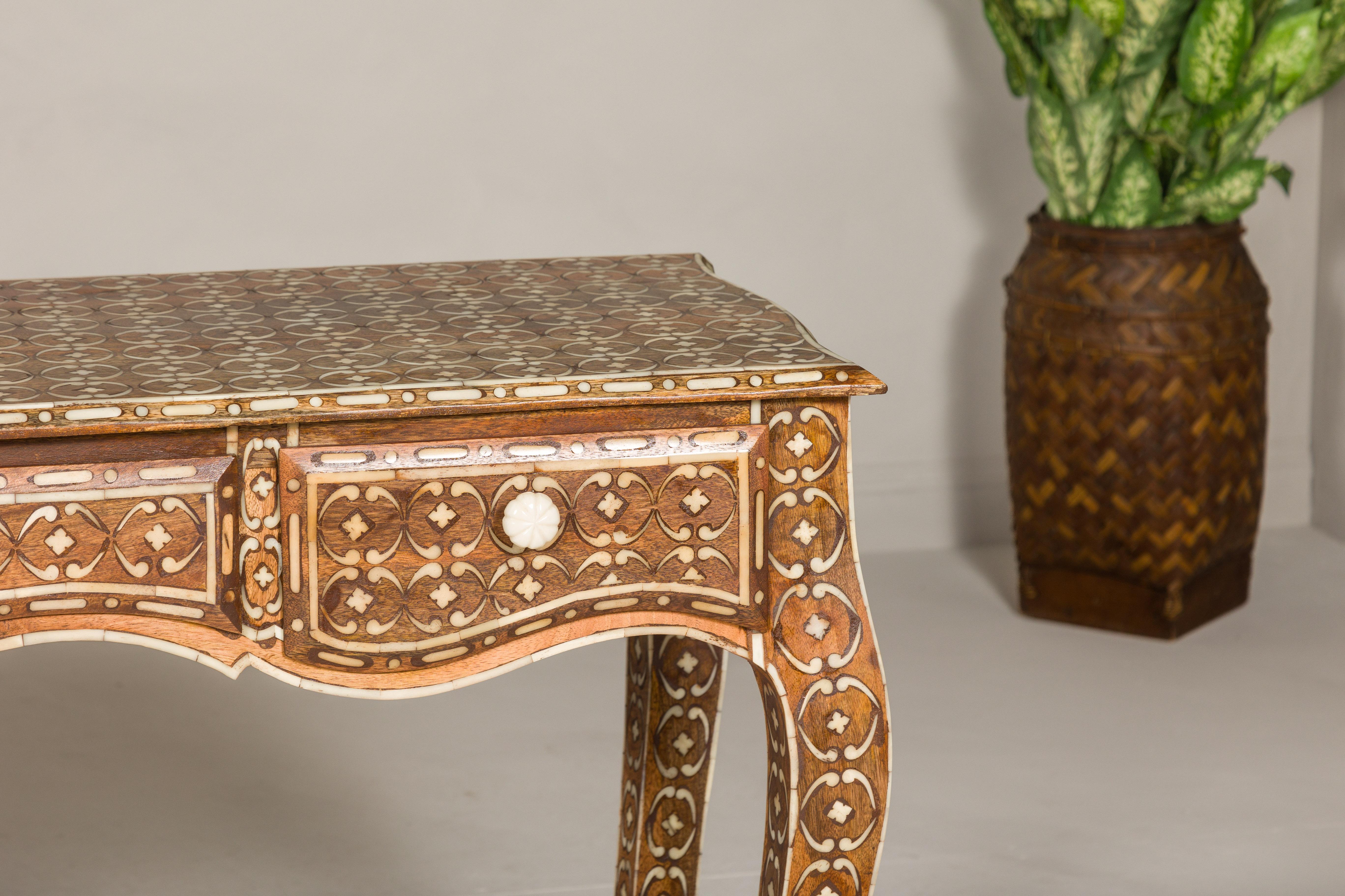 Contemporary Louis XV Style Anglo-Indian Console Table with Three Drawers and Bone Inlay For Sale