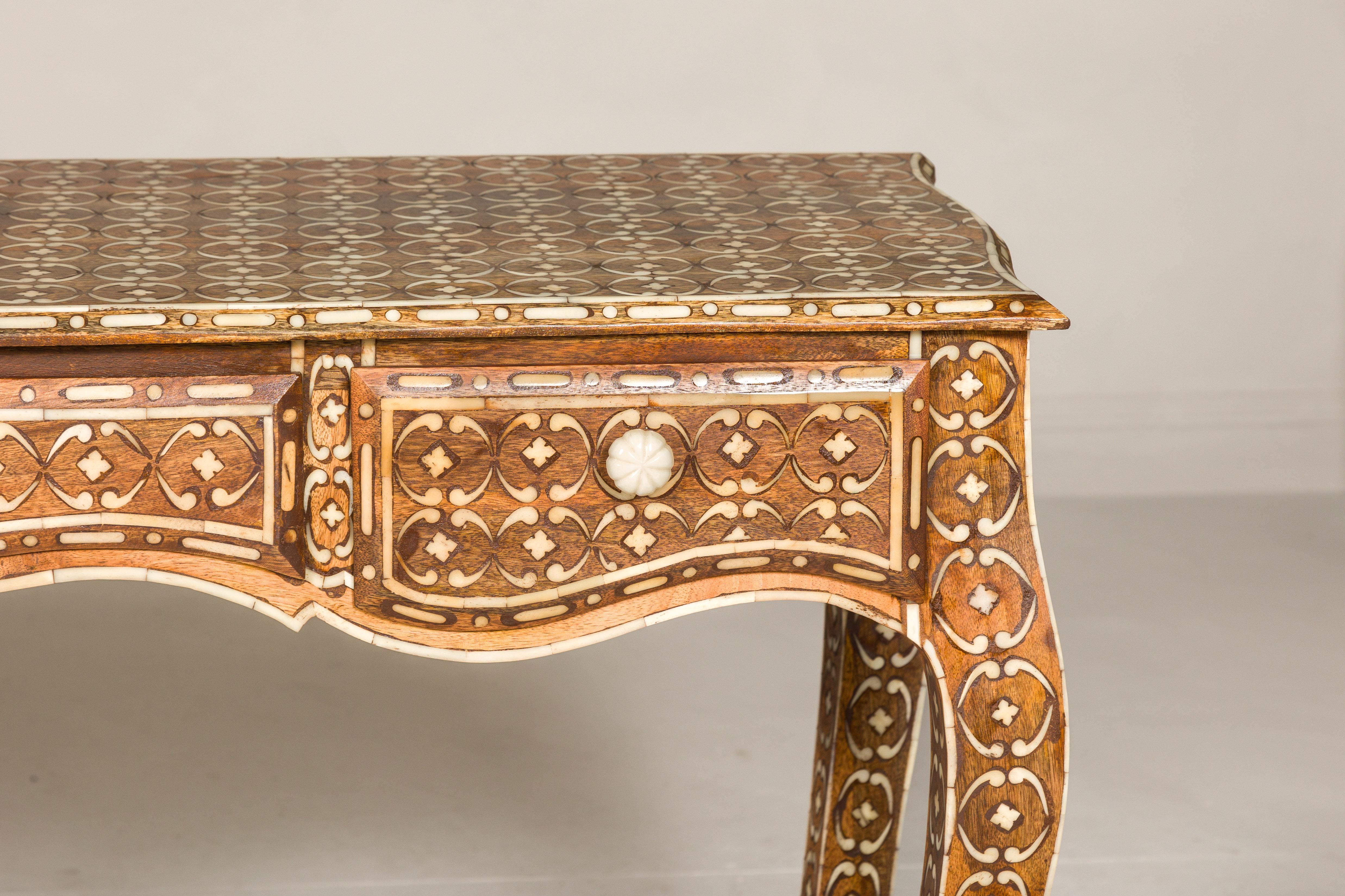 Louis XV Style Anglo-Indian Console Table with Three Drawers and Bone Inlay For Sale 1