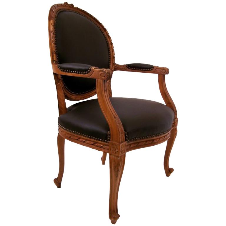 French Louis XV Style Armchair with Black Leather Upholstery