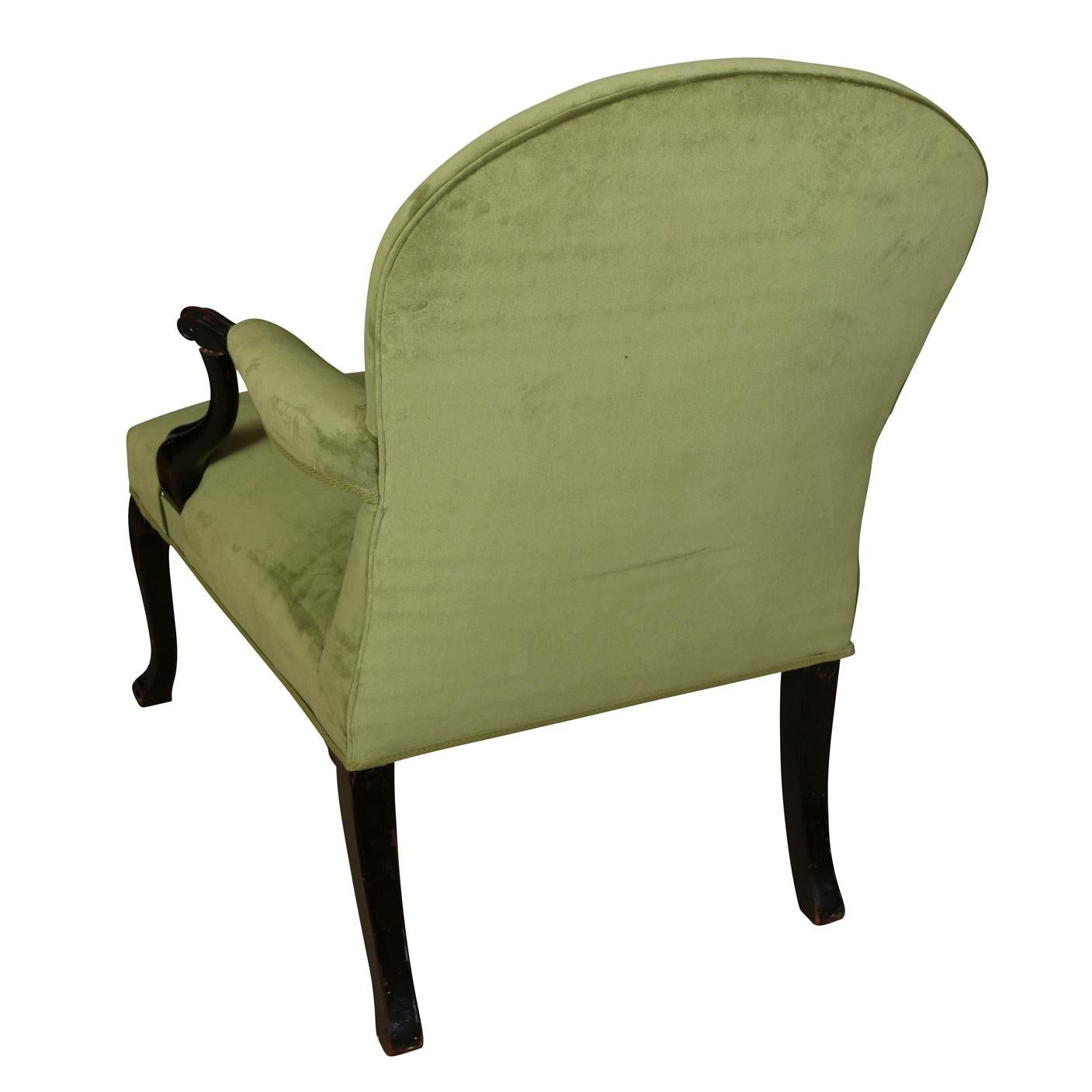 Louis XV Style Arm Chair Newly Upholstered in Green Velvet In Good Condition In Locust Valley, NY